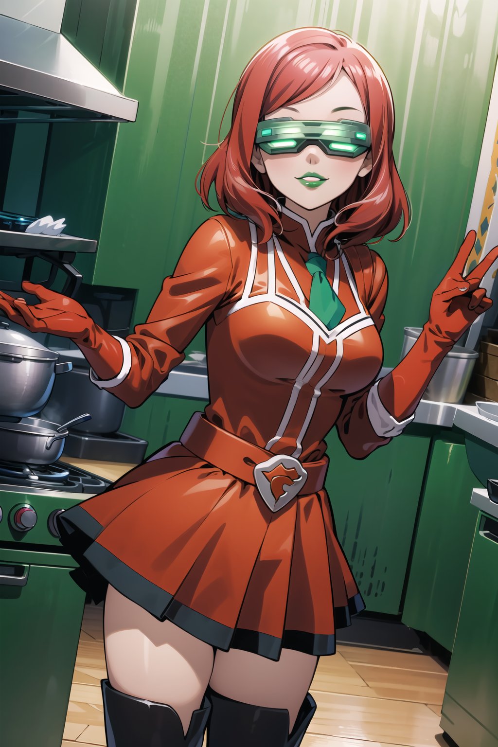 ((best quality)),  ((highly detailed)),  masterpiece,  ((official art)),  more_than_one_pose, stance, red hair, nishikino maki, 1girl, head-mounted display, evil smile, lips, ((green lips)), gloves, juliet_sleeves, long_sleeves, pleated skirt, thighhighs, thigh boots, dress, belt, red dress, pantyhose, kitchen, looking at viewer, indoors,  alternate costume, brick, (intricately detailed, hyperdetailed), blurry background,depth of field, best quality, masterpiece, intricate details, tonemapping, sharp focus, hyper detailed, trending on Artstation,1 girl, high res, official art