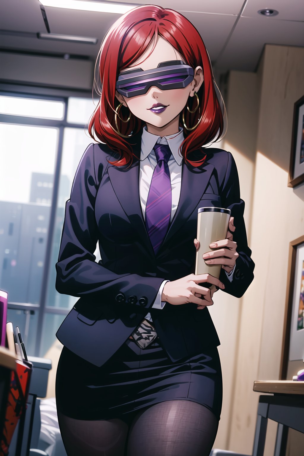 ((best quality)),  ((highly detailed)),  masterpiece,  ((official art)),  red hair, nishikino maki, hoop earrings,  1girl, head-mounted display, evil smile, lips, (purple lips:1.2), white shirt, necktie, red suit, pencil skirt, belt, Black pantyhose, looking at viewer, indoors, Office, desk, Windows, formal, (intricately detailed, hyperdetailed), blurry background,depth of field, best quality, masterpiece, intricate details, tonemapping, sharp focus, hyper detailed, trending on Artstation,1 girl, high res, official art
