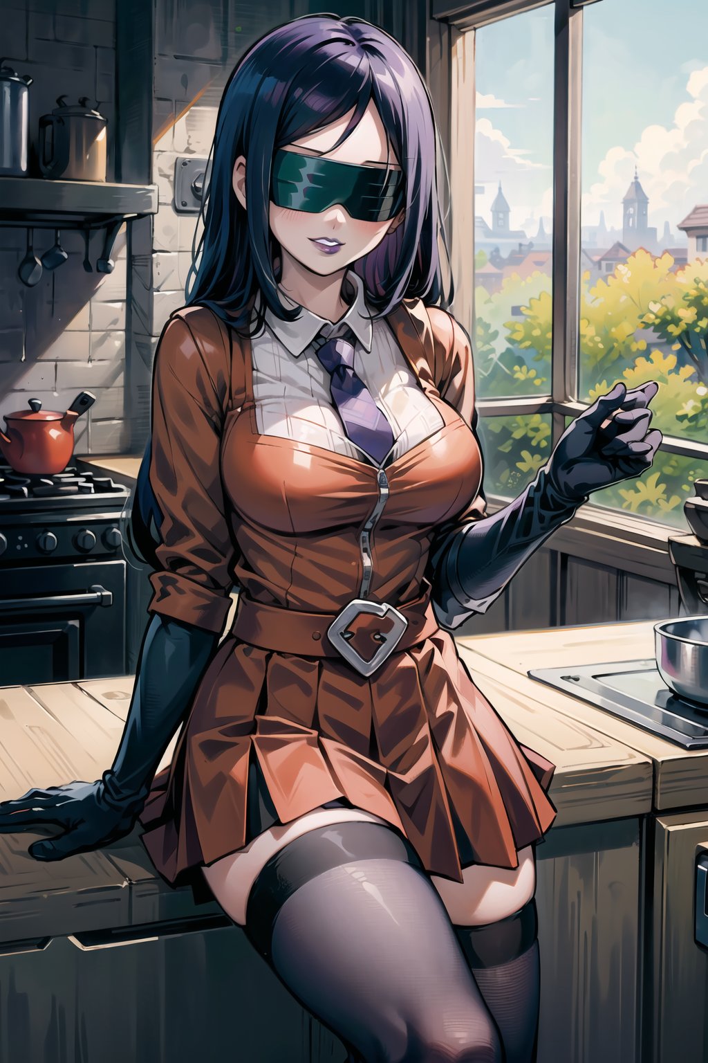 ((best quality)),  ((highly detailed)),  masterpiece,  ((official art)), H1N4T4, long hair, Black hair, 1girl, (blindfold), evil smile, lips, (purple lips), gloves, Black necktie,juliet_sleeves, long_sleeves, pleated skirt, thighhighs, thigh boots, dress, belt, red dress, pantyhose, kitchen, looking at viewer, indoors,  alternate costume, brick, (intricately detailed, hyperdetailed), blurry background,depth of field, best quality, masterpiece, intricate details, tonemapping, sharp focus, hyper detailed, trending on Artstation,1 girl, high res, official art,kohaku,H1N4T4