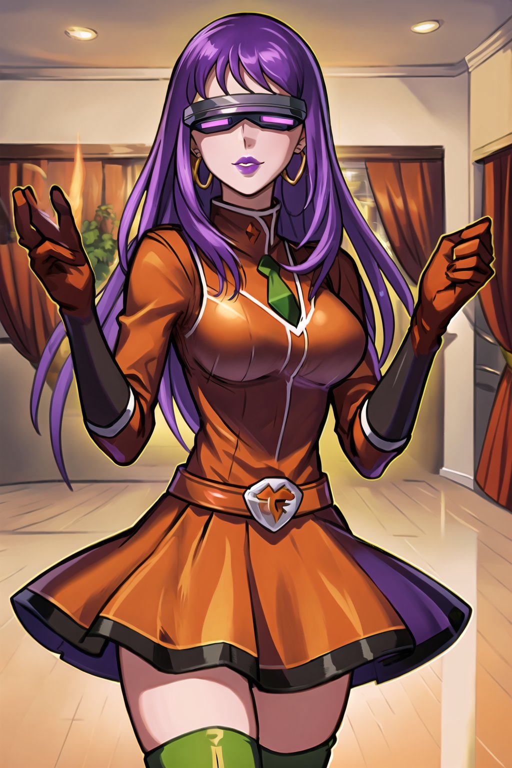 (best quality), (highly detailed), masterpiece, (official art),Saori, long hair, purple hair, hoop earrings, (team flare:1.2), (head-mounted display), ((purple lips)), gloves,juliet_sleeves, long_sleeves , pleated skirt, thighhighs, thigh boots, dress, belt, red dress, pantyhose, (lips:1.2), evil smile, (seductive pose:1.2), cowboy shot, looking at viewer, indoors, blurry background,depth of field, best quality, masterpiece, intricate details, tonemapping, sharp focus, hyper detailed, trending on Artstation,