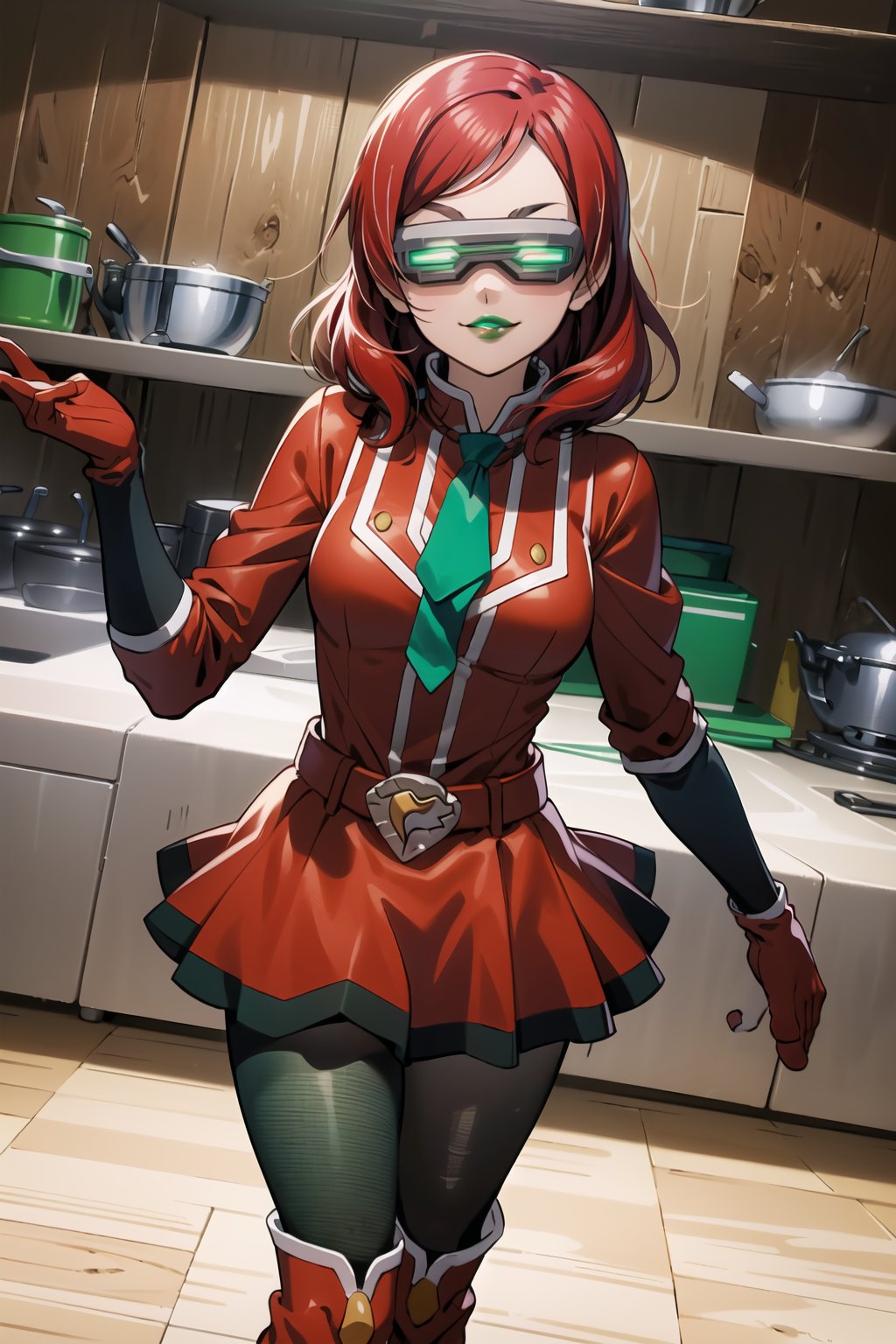 ((best quality)),  ((highly detailed)),  masterpiece,  ((official art)),  more_than_one_pose, stance, red hair, nishikino maki, 1girl, head-mounted display, evil smile, lips, ((green lips)), gloves, Black necktie,juliet_sleeves, long_sleeves, pleated skirt, thighhighs, thigh boots, dress, belt, red dress, pantyhose, kitchen, looking at viewer, indoors,  alternate costume, brick, (intricately detailed, hyperdetailed), blurry background,depth of field, best quality, masterpiece, intricate details, tonemapping, sharp focus, hyper detailed, trending on Artstation,1 girl, high res, official art