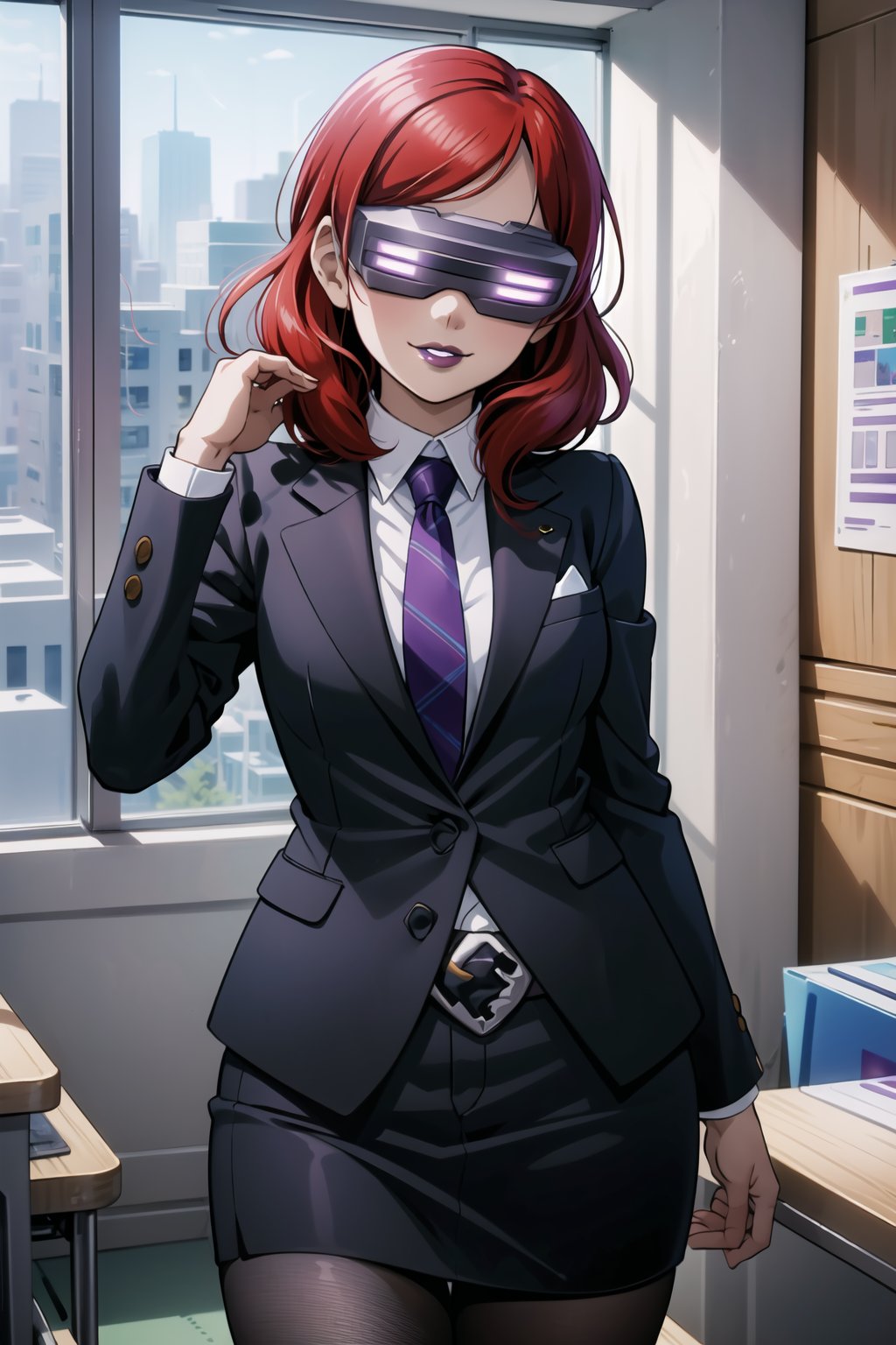 ((best quality)),  ((highly detailed)),  masterpiece,  ((official art)),  more_than_one_pose, stance, red hair, nishikino maki, 1girl, head-mounted display, evil smile, lips, (purple lips), white shirt, necktie, Black suit, pencil skirt, belt, Black pantyhose, looking at viewer, indoors, Office, desk, Windows, formal, (intricately detailed, hyperdetailed), blurry background,depth of field, best quality, masterpiece, intricate details, tonemapping, sharp focus, hyper detailed, trending on Artstation,1 girl, high res, official art