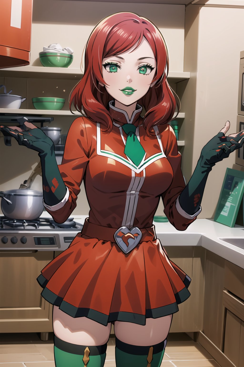 ((best quality)),  ((highly detailed)),  masterpiece,  ((official art)),  more_than_one_pose, stance, red hair, nishikino maki, 1girl, head-mounted display, evil smile, lips, ((green lips)), gloves, Black necktie,juliet_sleeves, long_sleeves, pleated skirt, thighhighs, thigh boots, dress, belt, red dress, pantyhose, kitchen, looking at viewer, indoors,  alternate costume, brick, (intricately detailed, hyperdetailed), blurry background,depth of field, best quality, masterpiece, intricate details, tonemapping, sharp focus, hyper detailed, trending on Artstation,1 girl, high res, official art