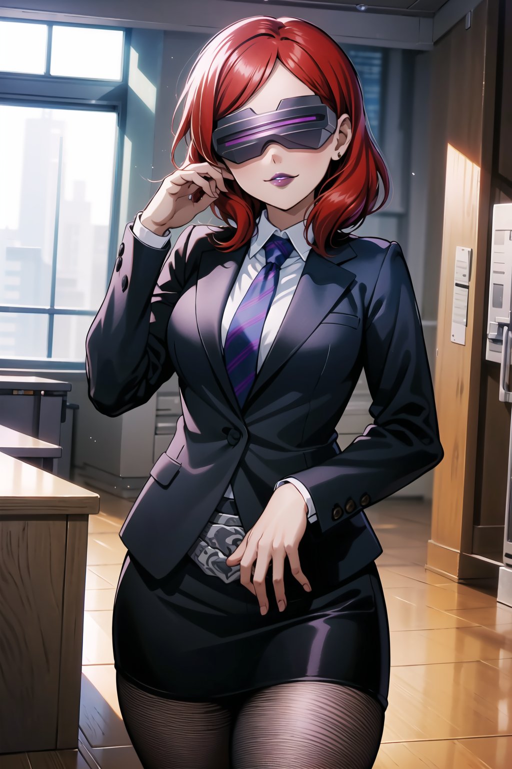 ((best quality)),  ((highly detailed)),  masterpiece,  ((official art)),  more_than_one_pose, stance, red hair, nishikino maki, 1girl, head-mounted display, evil smile, lips, (purple lips), white shirt, necktie, Black suit, pencil skirt, belt, Black pantyhose, looking at viewer, indoors, Office, desk, Windows, formal, (intricately detailed, hyperdetailed), blurry background,depth of field, best quality, masterpiece, intricate details, tonemapping, sharp focus, hyper detailed, trending on Artstation,1 girl, high res, official art