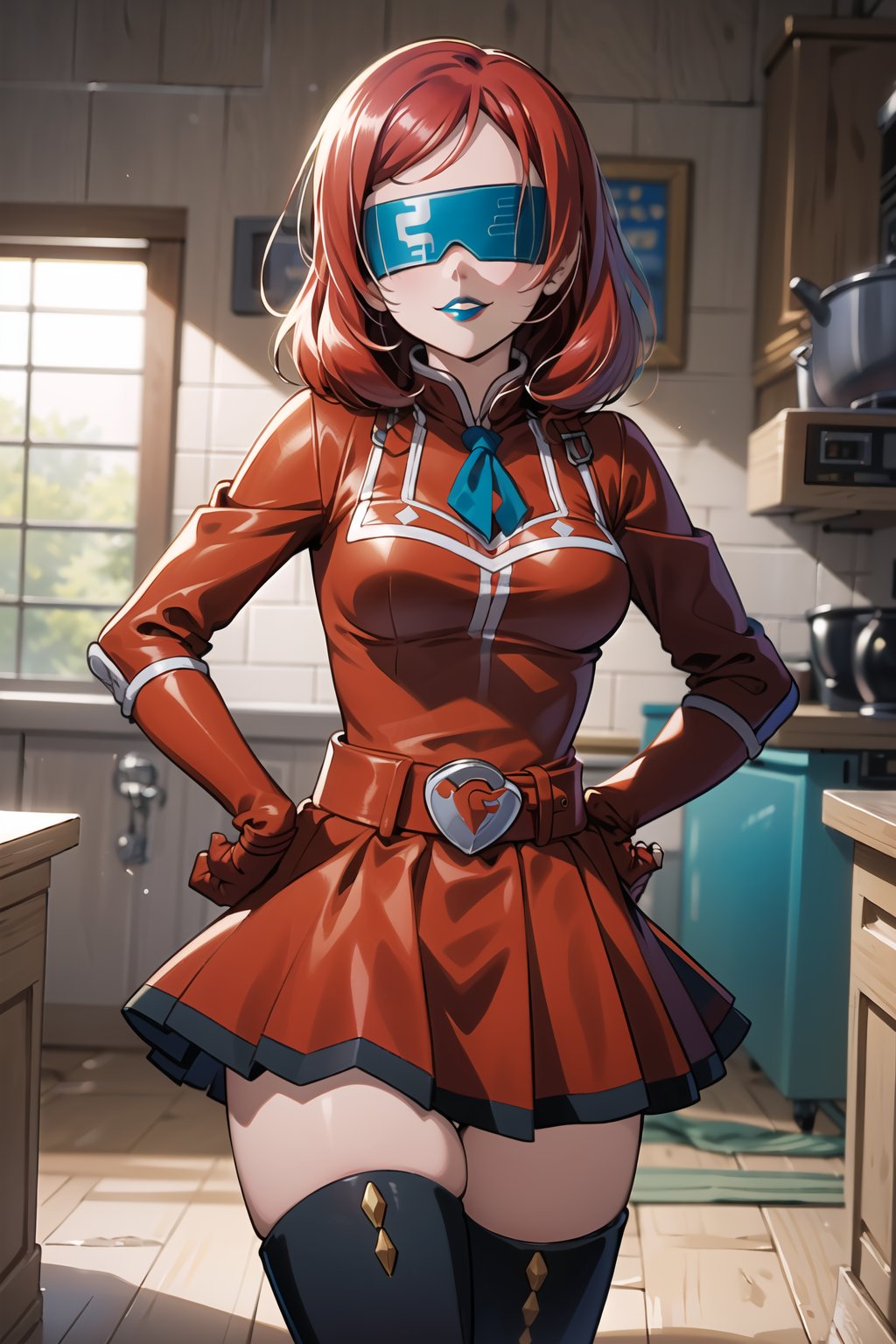 ((best quality)),  ((highly detailed)),  masterpiece,  ((official art)),  hand on hip, pose, red hair, nishikino maki, 1girl, (blindfold), evil smile, lips, ((blue lips)), gloves, juliet_sleeves, long_sleeves, pleated skirt, thighhighs, thigh boots, dress, belt, red dress, pantyhose, kitchen, looking at viewer, indoors,  alternate costume, brick, (intricately detailed, hyperdetailed), blurry background,depth of field, best quality, masterpiece, intricate details, tonemapping, sharp focus, hyper detailed, trending on Artstation,1 girl, high res, official art