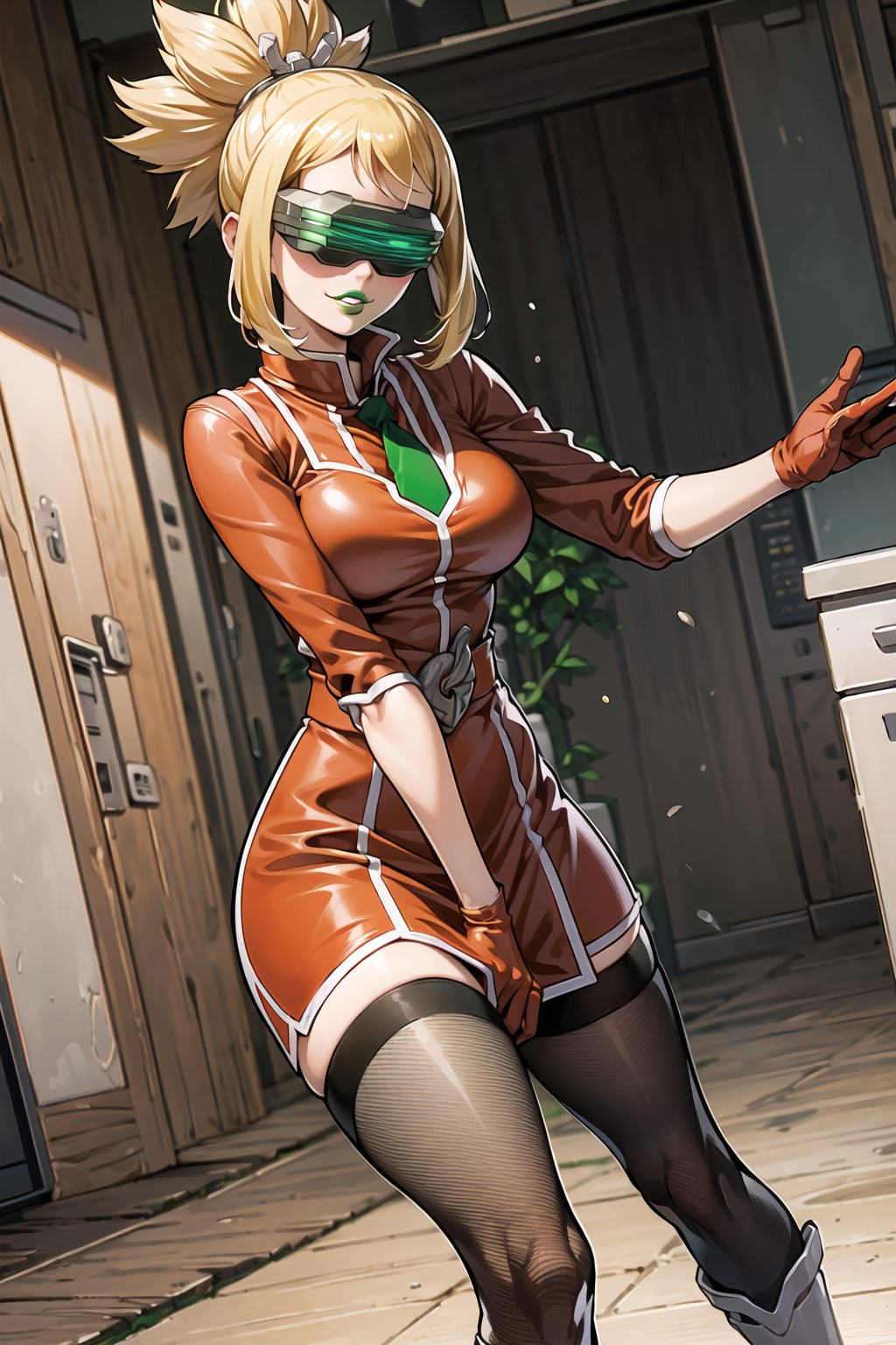 ((best quality)),  ((highly detailed)),  masterpiece,  ((official art)),  more_than_one_pose, stance, red hair, kohaku, blonde hair, hair ornament, ponytail, 1girl, head-mounted display, evil smile, lips, ((green lips)), gloves, Black necktie,juliet_sleeves, long_sleeves, pleated skirt, thighhighs, thigh boots, dress, belt, red dress, pantyhose, kitchen, looking at viewer, indoors,  alternate costume, brick, (intricately detailed, hyperdetailed), blurry background,depth of field, best quality, masterpiece, intricate details, tonemapping, sharp focus, hyper detailed, trending on Artstation,1 girl, high res, official art,kohaku