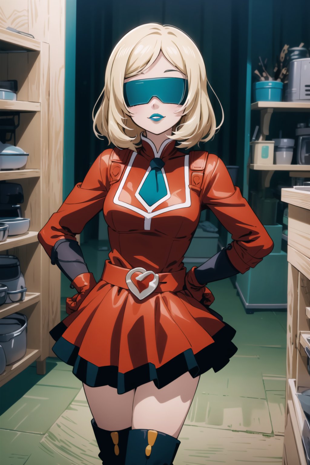 ((best quality)),  ((highly detailed)),  masterpiece,  ((official art)),  hand on hip, pose, nishikino maki, 1girl, (blindfold), evil smile, lips, ((blue lips)), gloves, juliet_sleeves, long_sleeves, pleated skirt, thighhighs, thigh boots, dress, belt, red dress, pantyhose, kitchen, looking at viewer, indoors,  alternate costume, brick, (intricately detailed, hyperdetailed), blurry background,depth of field, best quality, masterpiece, intricate details, tonemapping, sharp focus, hyper detailed, trending on Artstation,1 girl, high res, official art