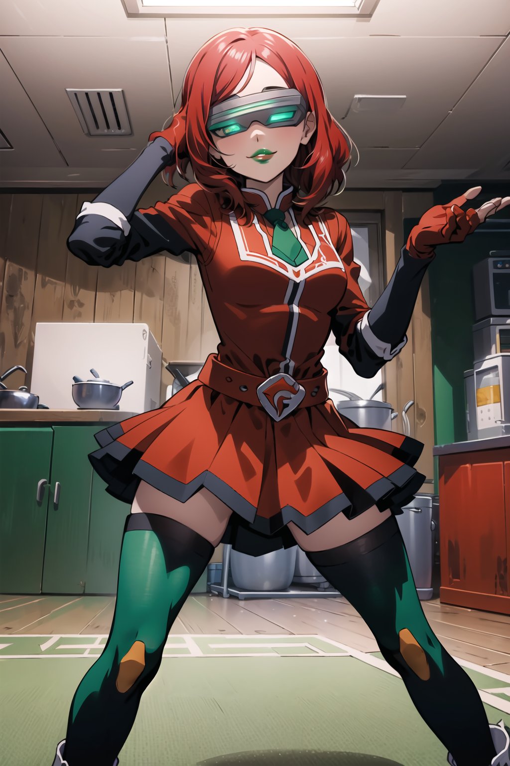 ((best quality)),  ((highly detailed)),  masterpiece,  ((official art)),  more_than_one_pose, stance, red hair, nishikino maki, 1girl, head-mounted display, evil smile, lips, ((green lips)), gloves, juliet_sleeves, long_sleeves, pleated skirt, thighhighs, thigh boots, dress, belt, red dress, pantyhose, kitchen, looking at viewer, indoors,  alternate costume, brick, (intricately detailed, hyperdetailed), blurry background,depth of field, best quality, masterpiece, intricate details, tonemapping, sharp focus, hyper detailed, trending on Artstation,1 girl, high res, official art