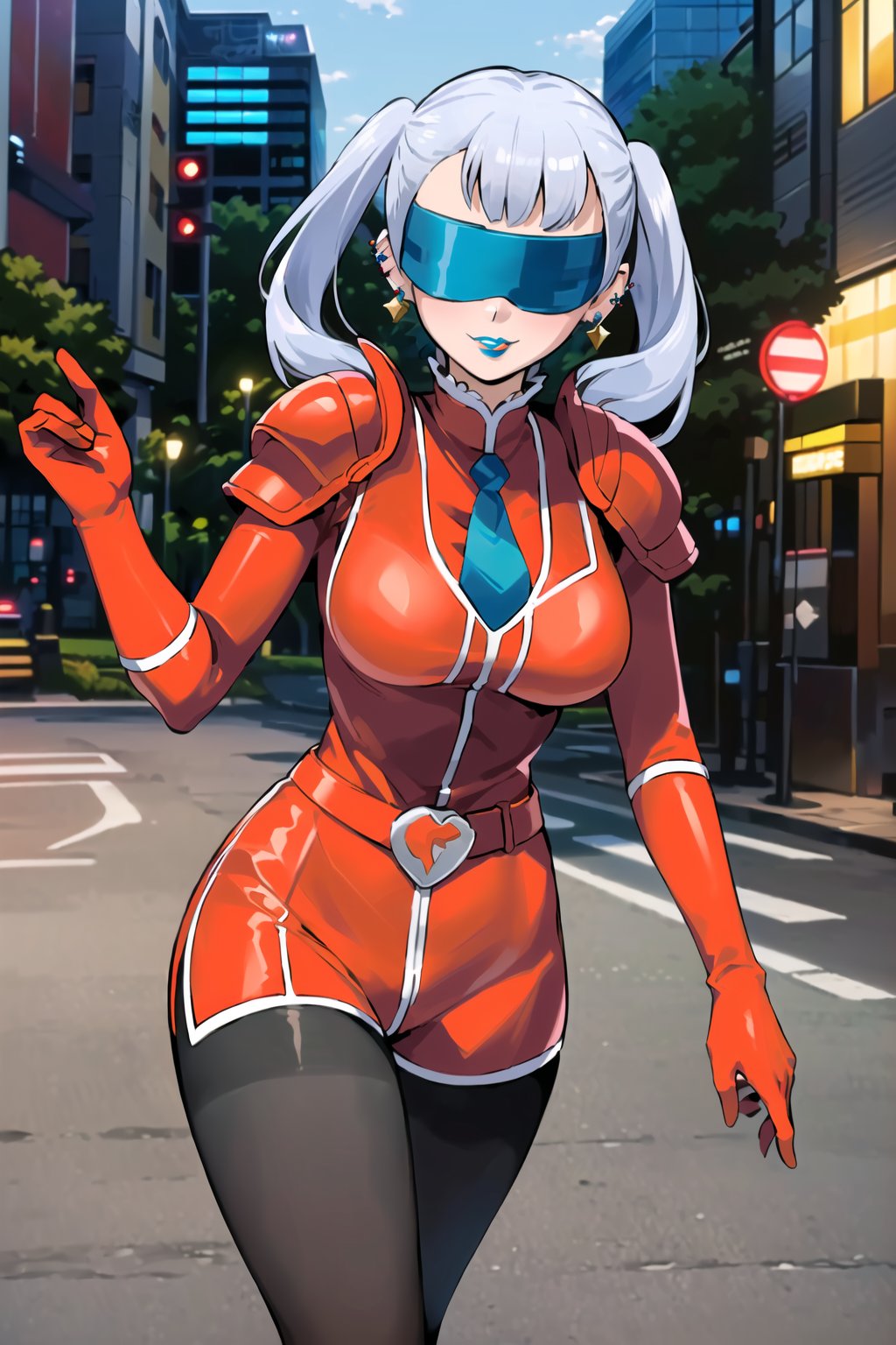 ((best quality)), ((highly detailed)), masterpiece, ((official art), (noelle_silva, silver hair, twintails, bangs, earrings, jewelry), (blindfold), evil smile, lips, blue lips, outdoor, city, street,  (red bodysuit), shoulder armor,  shoulder pads, necktie, red gloves, red jacket, belt, red skirt, black pantyhose, 