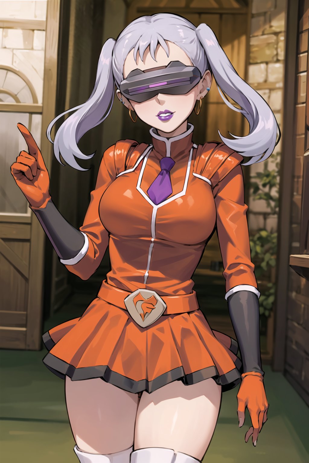(best quality), (highly detailed), masterpiece, (official art),noelle_silva, silver hair, twintails, bangs, hoop earrings, (team flare:1.2), (head-mounted display), ((purple lips)), gloves,juliet_sleeves, long_sleeves , pleated skirt, thighhighs, thigh boots, dress, belt, red dress, pantyhose, (lips:1.2), evil smile, (seductive pose:1.2), cowboy shot, looking at viewer, indoors, blurry background,depth of field, best quality, masterpiece, intricate details, tonemapping, sharp focus, hyper detailed, trending on Artstation,