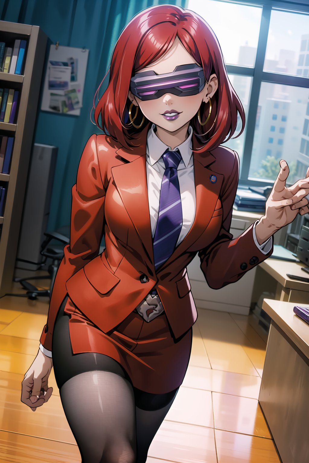 ((best quality)),  ((highly detailed)),  masterpiece,  ((official art)),  red hair, nishikino maki, hoop earrings,  1girl, head-mounted display, evil smile, lips, (purple lips:1.2), white shirt, necktie, red suit, pencil skirt, belt, Black pantyhose, looking at viewer, indoors, Office, desk, Windows, formal, (intricately detailed, hyperdetailed), blurry background,depth of field, best quality, masterpiece, intricate details, tonemapping, sharp focus, hyper detailed, trending on Artstation,1 girl, high res, official art