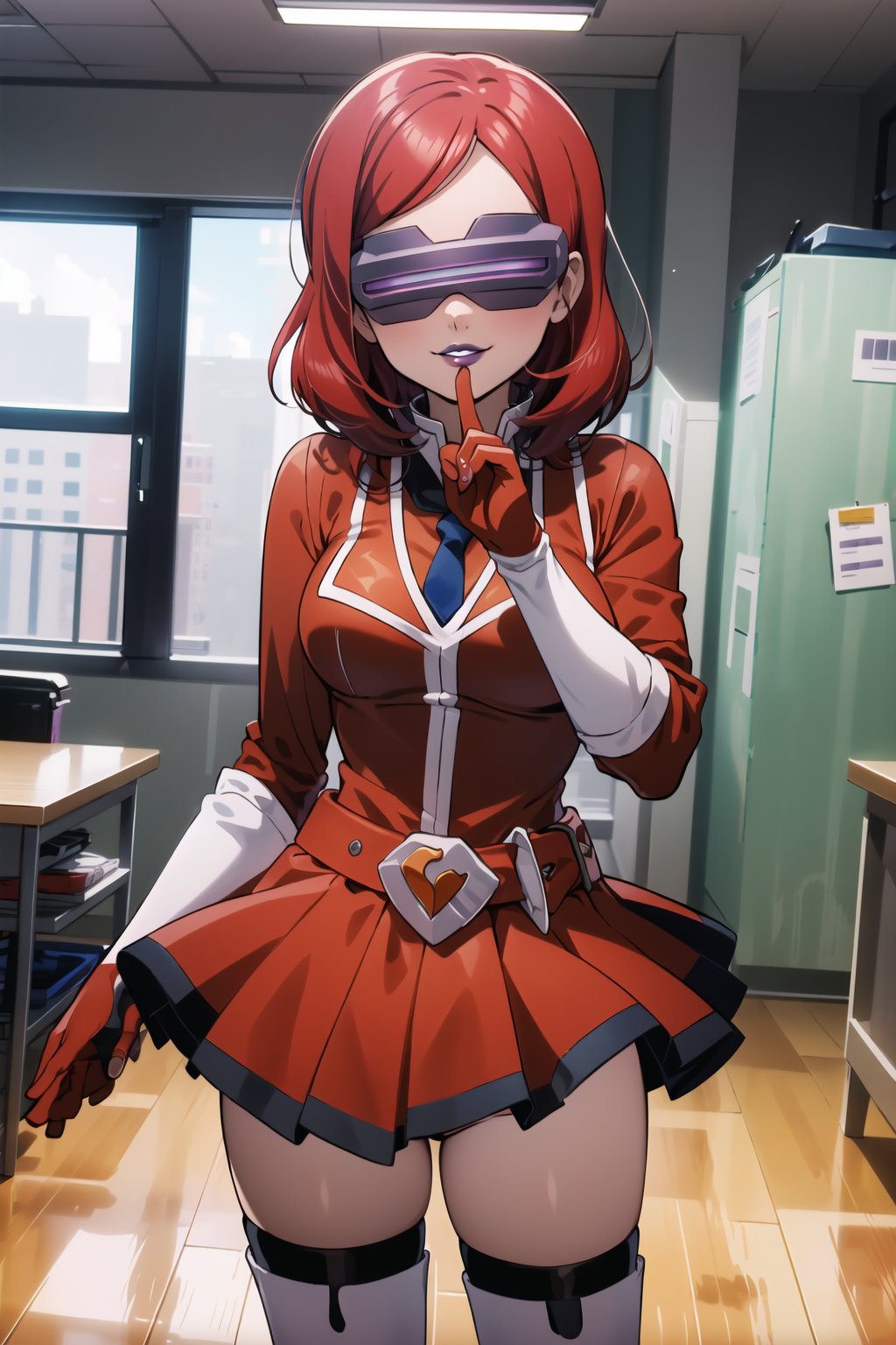 ((best quality)),  ((highly detailed)),  masterpiece,  ((official art)),  more_than_one_pose, stance, red hair, nishikino maki, 1girl, head-mounted display, evil smile, lips, (purple lips), gloves, juliet_sleeves, long_sleeves, pleated skirt, thighhighs, thigh boots, dress, belt, red dress, pantyhose, kitchen, looking at viewer, indoors, Office, desk, Windows, formal, (intricately detailed, hyperdetailed), blurry background,depth of field, best quality, masterpiece, intricate details, tonemapping, sharp focus, hyper detailed, trending on Artstation,1 girl, high res, official art