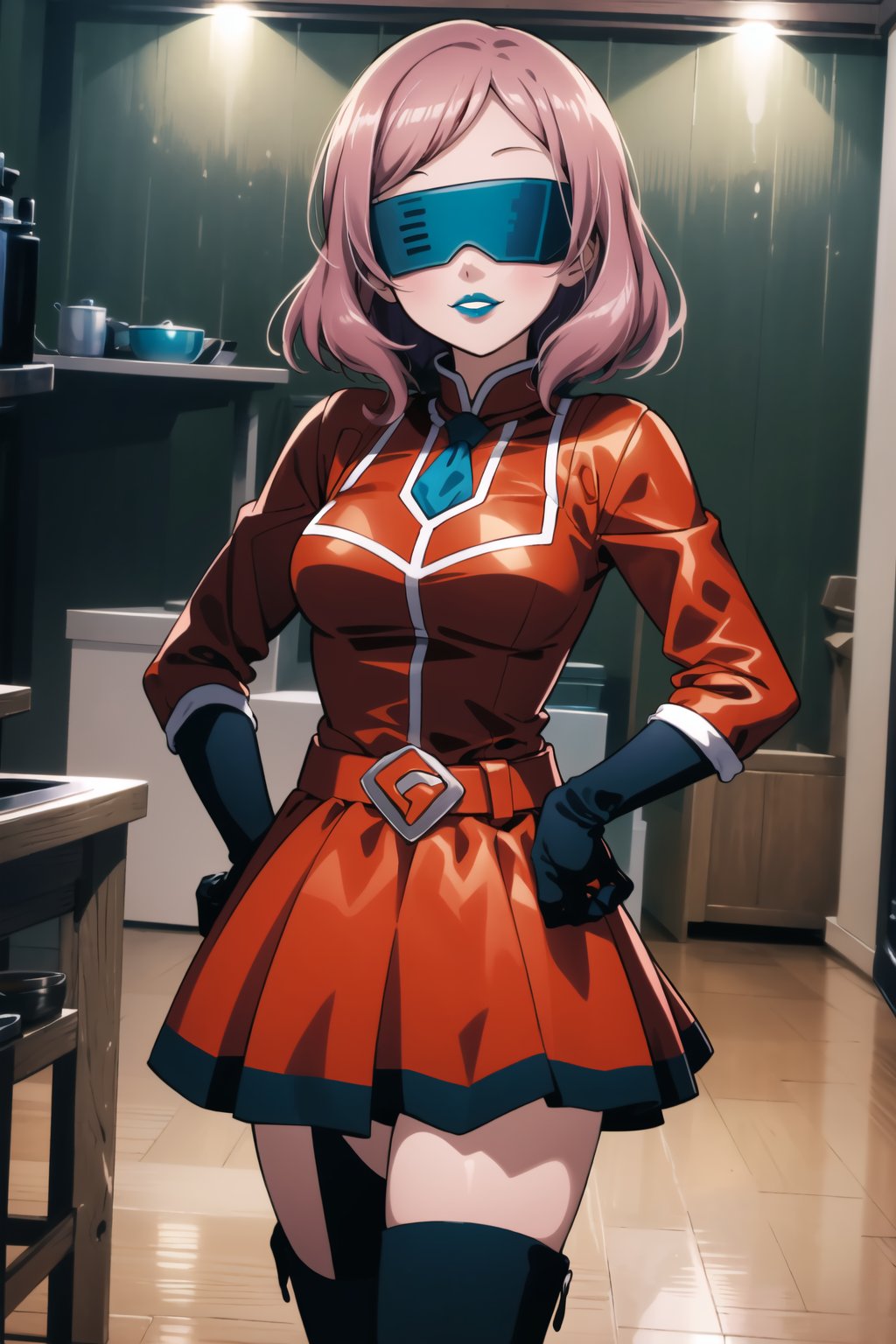 ((best quality)),  ((highly detailed)),  masterpiece,  ((official art)),  hand on hip, pose, nishikino maki, 1girl, (blindfold), evil smile, lips, ((blue lips)), gloves, juliet_sleeves, long_sleeves, pleated skirt, thighhighs, thigh boots, dress, belt, red dress, pantyhose, kitchen, looking at viewer, indoors,  alternate costume, brick, (intricately detailed, hyperdetailed), blurry background,depth of field, best quality, masterpiece, intricate details, tonemapping, sharp focus, hyper detailed, trending on Artstation,1 girl, high res, official art