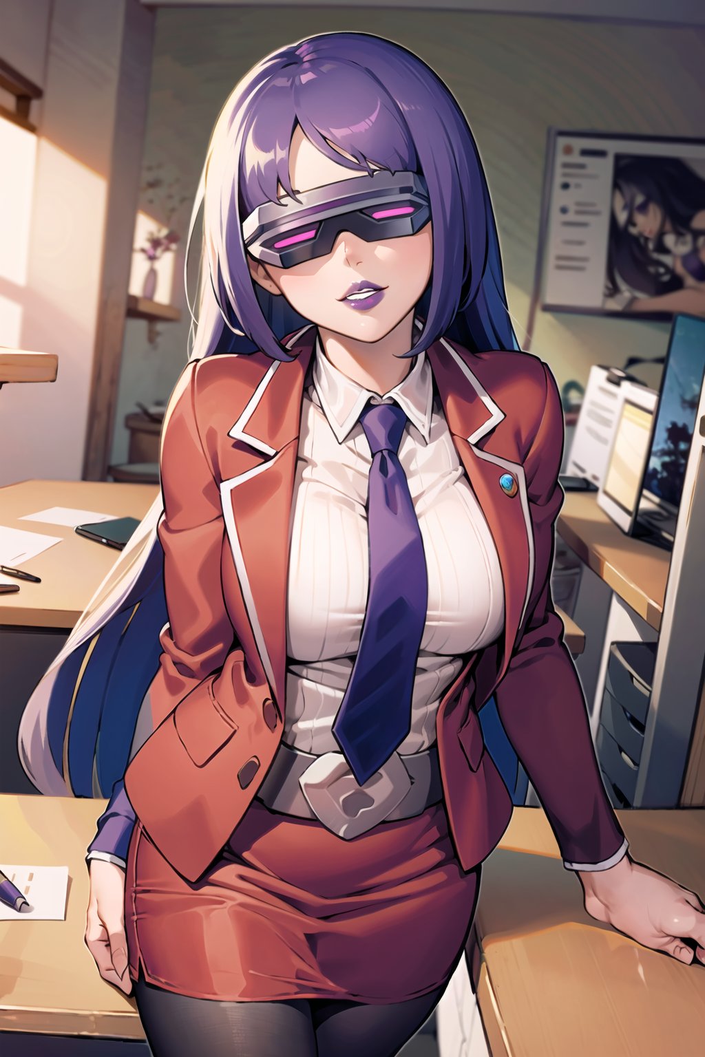 ((best quality)),  ((highly detailed)),  masterpiece,  ((official art)),  sumire kakei, long hair, purple hair, smile,  1girl, head-mounted display,(lips:1.2), (purple lips:1.2), white shirt, necktie, black suit, pencil skirt, belt, Black pantyhose, looking at viewer, indoors, Office, desk, Windows, formal, (intricately detailed, hyperdetailed), blurry background,depth of field, best quality, masterpiece, intricate details, tonemapping, sharp focus, hyper detailed, trending on Artstation,1 girl, high res, official art