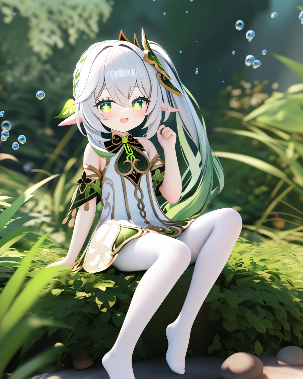 chen bin,  mmd style, 1girl,  nahida (genshin impact),  solo,  green eyes,  pointy ears,  side ponytail,  symbol-shaped pupils,  hair ornament,  looking at viewer,  white hair,  bangs,  smile,  multicolored hair,  long hair,  blush,  dress,  gradient hair,  hair between eyes,  open mouth,  braid,  plant,  mushroom,  detached sleeves,  green hair,  white dress,  :d,  sidelocks,  bare shoulders,  outdoors,  cross-shaped pupils,  sitting,  sleeveless,  leaf hair ornament,  sleeveless dress,  blurry,  white pantyhose,  hand up,  nature,  jewelry,  knee up,  water drop