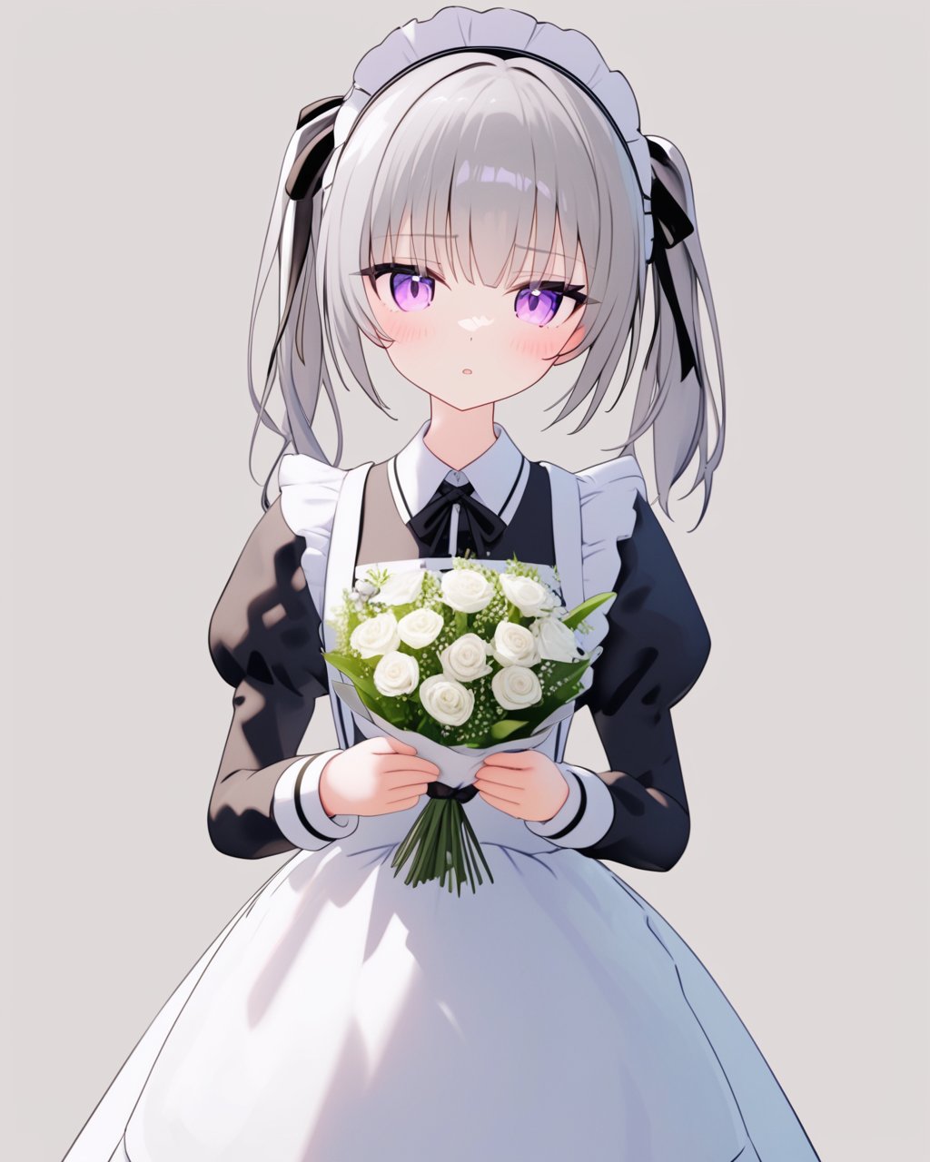 rurudo,  mmd style,  1girl,  solo,  flower,  bouquet,  purple eyes,  maid headdress,  looking at viewer,  maid,  apron,  holding,  white background,  long sleeves,  holding bouquet,  grey hair,  dress,  bow,  juliet sleeves,  puffy sleeves,  blush,  simple background,  parted lips,  frills,  ribbon,  two side up,  hair bow,  maid apron