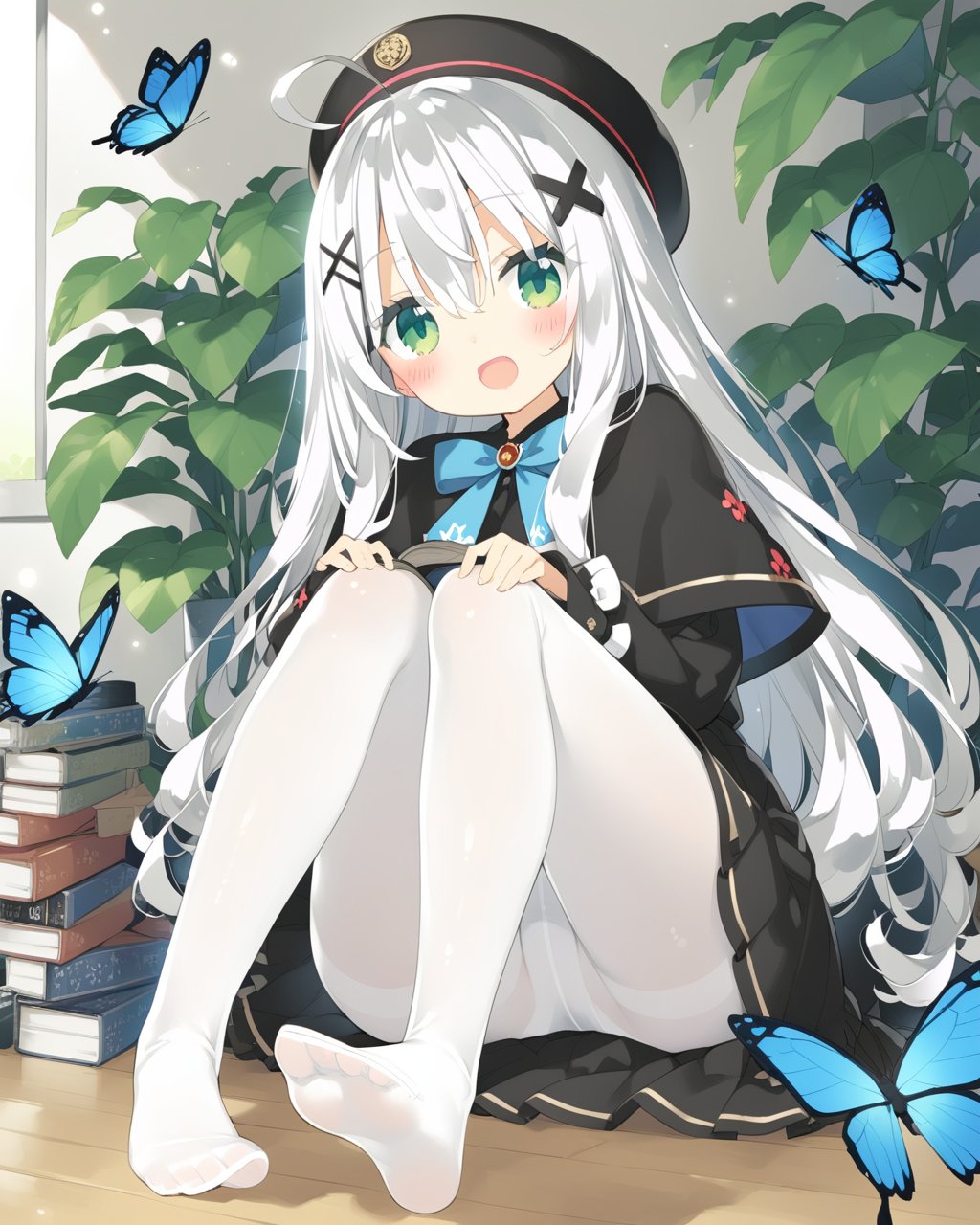 kani biimu,  1girl,  solo,  green eyes,  long hair,  bug,  book,  hair ornament,  hat,  white pantyhose,  butterfly,  no shoes,  looking at viewer,  pantyhose,  feet,  blush,  long sleeves,  bangs,  sitting,  black headwear,  white hair,  skirt,  ahoge,  x hair ornament,  hair between eyes,  open mouth,  smile,  blue butterfly,  capelet,  sweater,  sleeves past wrists,  hairclip,  beret,  book stack,  :d,  very long hair,  black capelet,  black skirt,  knees up,  legs,  toes,  can,  hand on own knee,  frills,  between legs,  soles,  bow,  indoors,  hand between legs,  plant,  puffy long sleeves