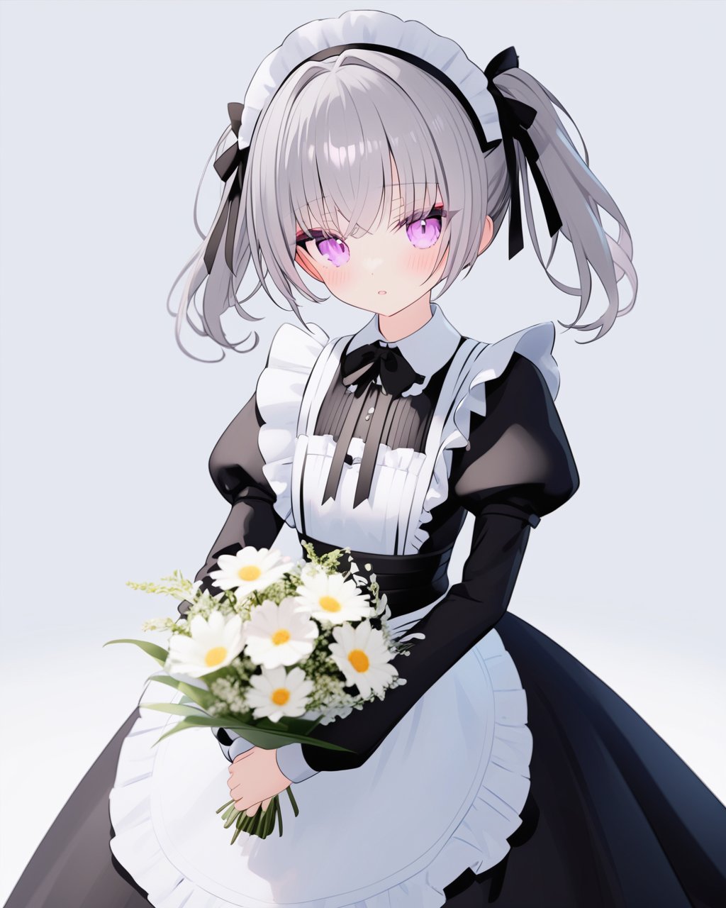 rurudo,  mmd style,  1girl,  solo,  flower,  bouquet,  purple eyes,  maid headdress,  looking at viewer,  maid,  apron,  holding,  white background,  long sleeves,  holding bouquet,  grey hair,  dress,  bow,  juliet sleeves,  puffy sleeves,  blush,  simple background,  parted lips,  frills,  ribbon,  two side up,  hair bow,  maid apron