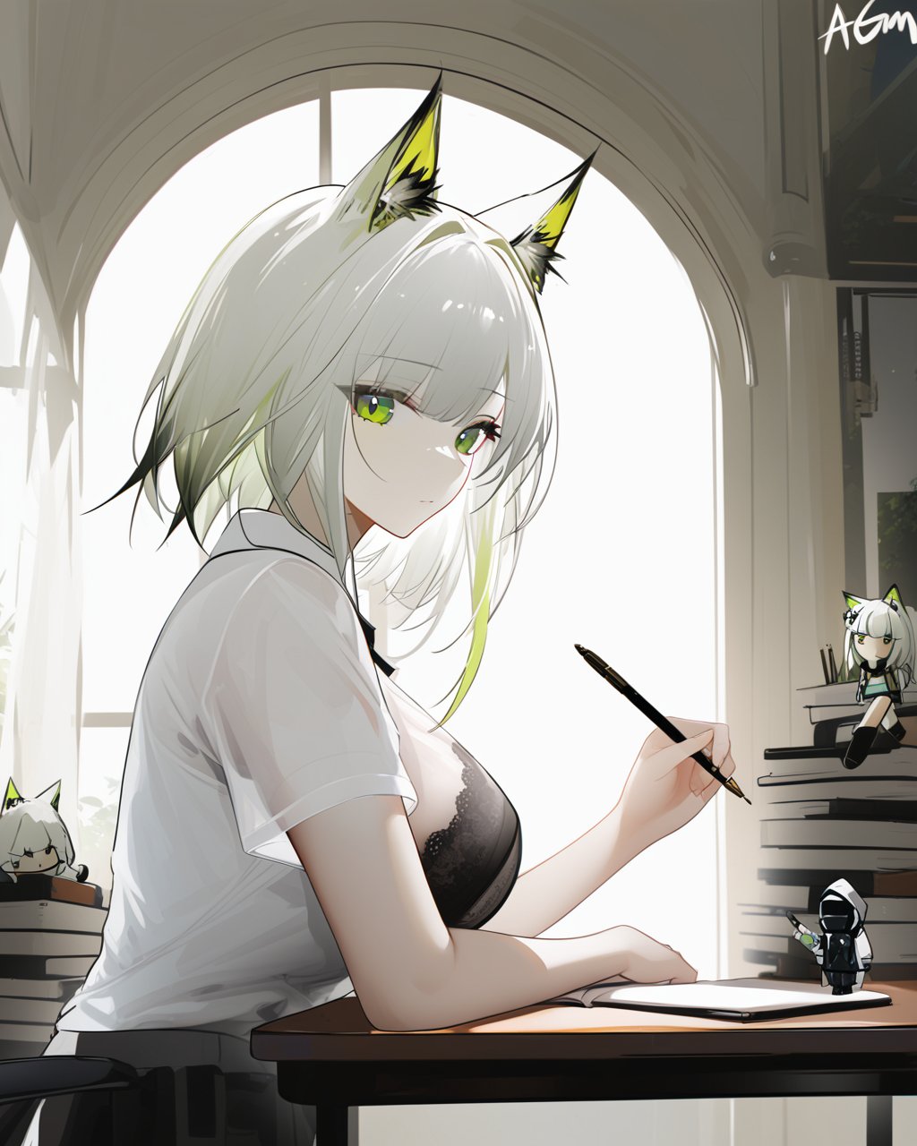 omone hokoma agm,  kal'tsit (arknights),  1girl,  breasts,  animal ears,  alternate costume,  green eyes,  shirt,  indoors,  breast rest,  white hair,  large breasts,  looking at viewer,  white shirt,  solo,  short sleeves,  pen,  short hair,  book stack,  holding,  cat ears,  bra,  breasts on table,  book,  animal ear fluff,  desk,  upper body,  closed mouth,  collared shirt,  window,  underwear,  bangs,  holding pen,  see-through,  character doll,  from side,  bra visible through clothes,  sunlight,  doctor (arknights),  phone,  day