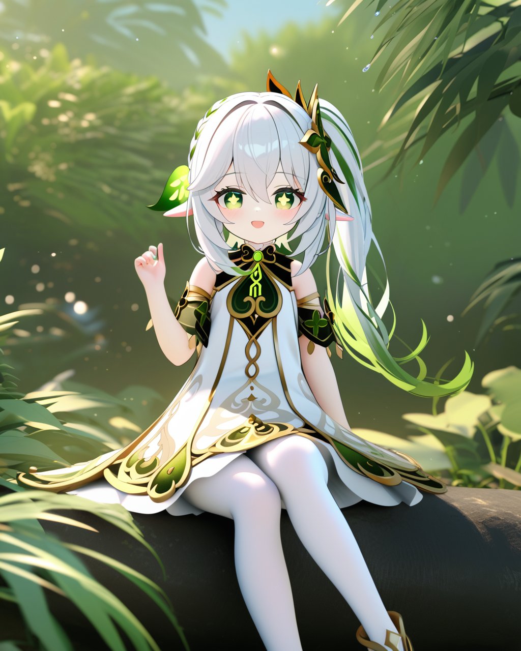 chen bin,  mmd style, 1girl,  nahida (genshin impact),  solo,  green eyes,  pointy ears,  side ponytail,  symbol-shaped pupils,  hair ornament,  looking at viewer,  white hair,  bangs,  smile,  multicolored hair,  long hair,  blush,  dress,  gradient hair,  hair between eyes,  open mouth,  braid,  plant,  mushroom,  detached sleeves,  green hair,  white dress,  :d,  sidelocks,  bare shoulders,  outdoors,  cross-shaped pupils,  sitting,  sleeveless,  leaf hair ornament,  sleeveless dress,  blurry,  white pantyhose,  hand up,  nature,  jewelry,  knee up,  water drop