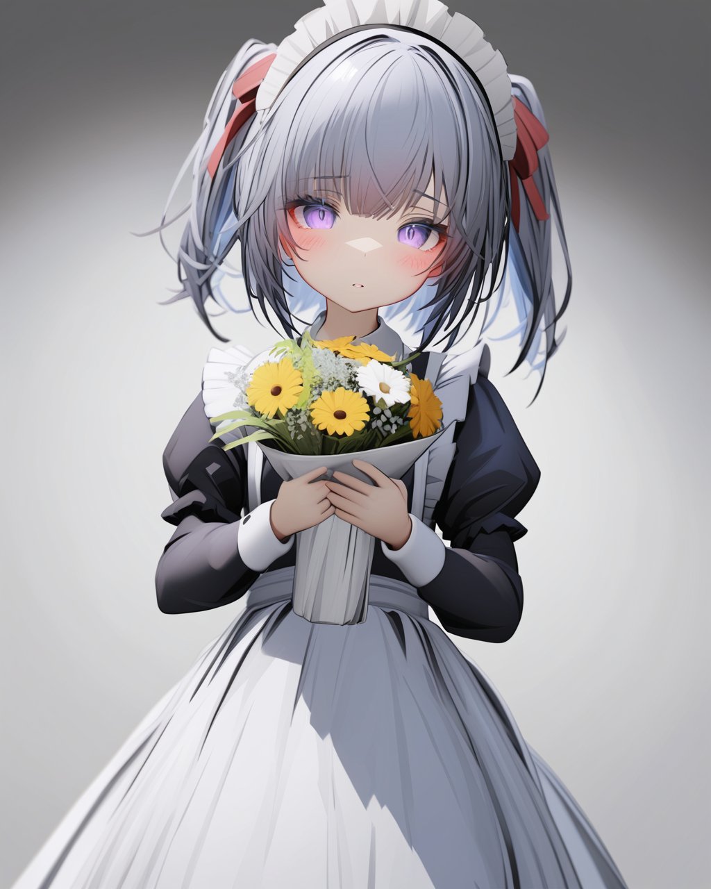 tab head,  mmd style,  1girl,  solo,  flower,  bouquet,  purple eyes,  maid headdress,  looking at viewer,  maid,  apron,  holding,  white background,  long sleeves,  holding bouquet,  grey hair,  dress,  bow,  juliet sleeves,  puffy sleeves,  blush,  simple background,  parted lips,  frills,  ribbon,  two side up,  hair bow,  maid apron