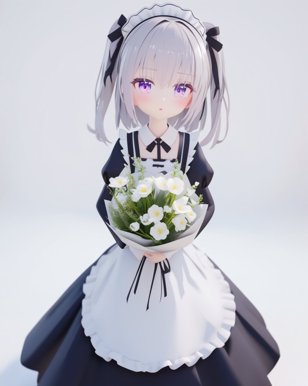 mmd style,  rurudo,  1girl,  solo,  flower,  bouquet,  purple eyes,  maid headdress,  looking at viewer,  maid,  apron,  holding,  white background,  long sleeves,  holding bouquet,  grey hair,  dress,  bow,  juliet sleeves,  puffy sleeves,  blush,  simple background,  parted lips,  frills,  ribbon,  two side up,  hair bow,  maid apron