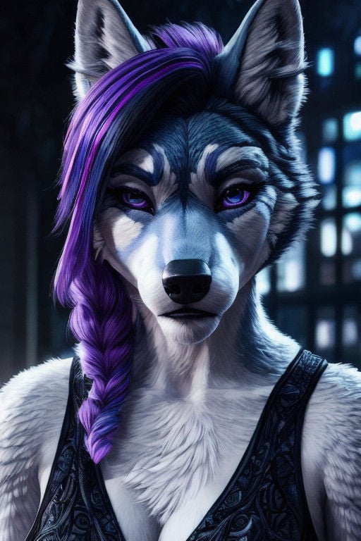 Female, (((anthro))), (((fluffy female wolf, dark blue with bright purple highlights, side cut hairstyle, intricate hair style)))detailed, ambient light, (detailed lighting), (ambient light on the body),(((sharp focus, masterpiece, 8k, 4k, raw photo, best quality, hi res, high resolution, high details, ultra realistic, absurd res, ray tracing))), (eyelashes), (tail),