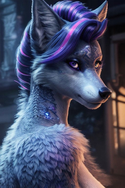 Female, (((anthro))), (((fluffy female wolf, dark blue with bright purple streaks, side cut hairstyle, intricate hair style)))detailed, ambient light, (detailed lighting), (ambient light on the body),(((sharp focus, masterpiece, 8k, 4k, raw photo, best quality, hi res, high resolution, high details, ultra realistic, absurd res, ray tracing))), (eyelashes), (tail),