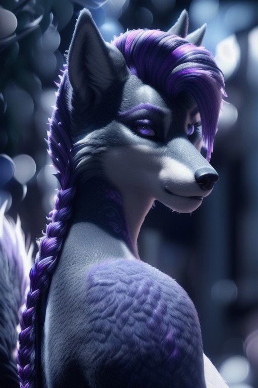 Female, (((anthro))), (((fluffy female wolf, dark blue with bright purple streaks, side cut hairstyle, intricate hair style)))detailed, ambient light, (detailed lighting), (ambient light on the body),(((sharp focus, masterpiece, 8k, 4k, raw photo, best quality, hi res, high resolution, high details, ultra realistic, absurd res, ray tracing))), (eyelashes), (tail),