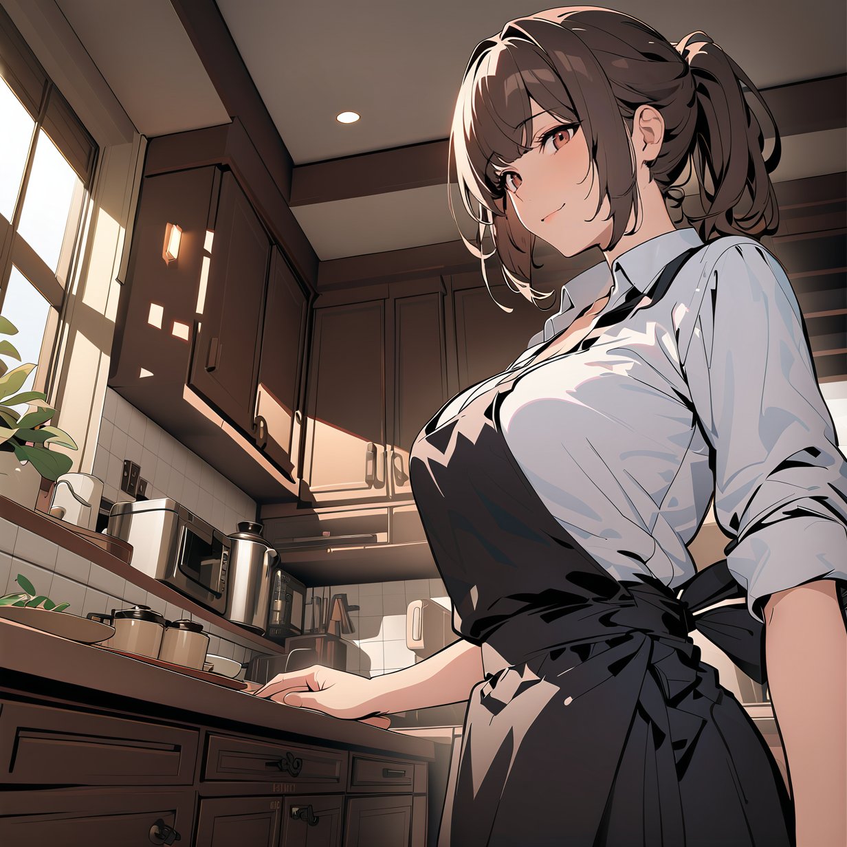 ((masterpiece, best quality, highres, 8k)), hdr, extremely detailed illustration, perfect face, ((depth of field)), niji6,1girl, housewife, kitchen, brown hair, pony tail, bangs, slight smile, middle age, milf, black apron, white shirt, big breasts, ((close up))