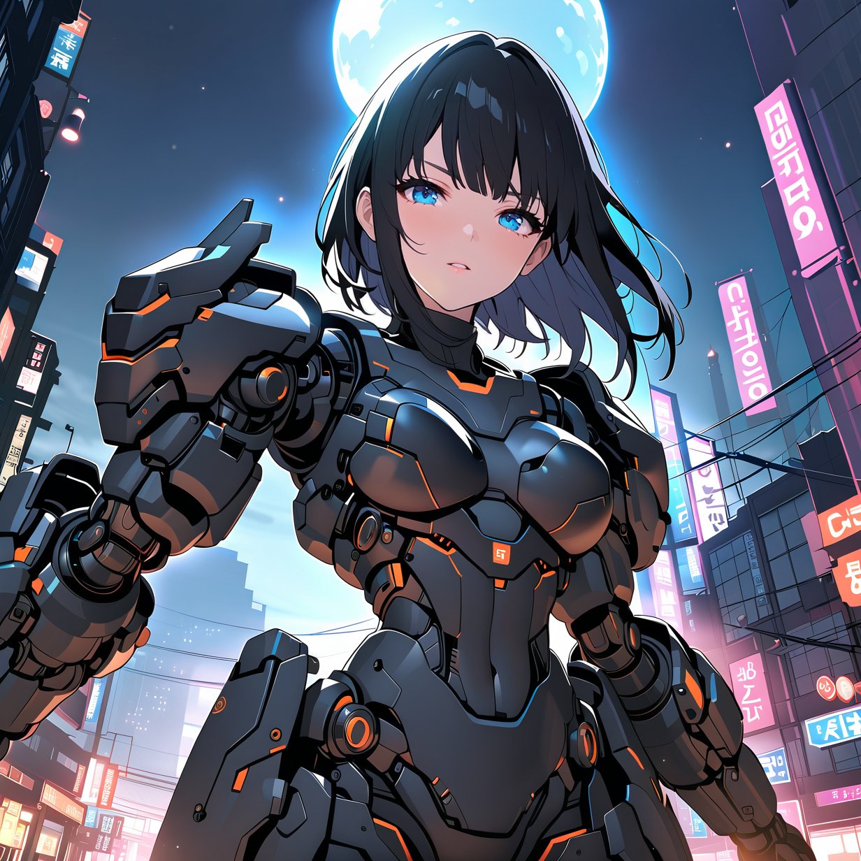 ((masterpiece, best quality, highres)), perfect face, illustration, anime_screencap, 2.5D, semi-realistic, cyberpunk, looking at viewer, 1girl, solo, mech armor, no helmet, black hair, blue eyes, dark street, neon, night, sky, moon, bokeh, dropped shadow, dimly light, hdr, 8k, scenary, exquisite detailed, elegance, niji6