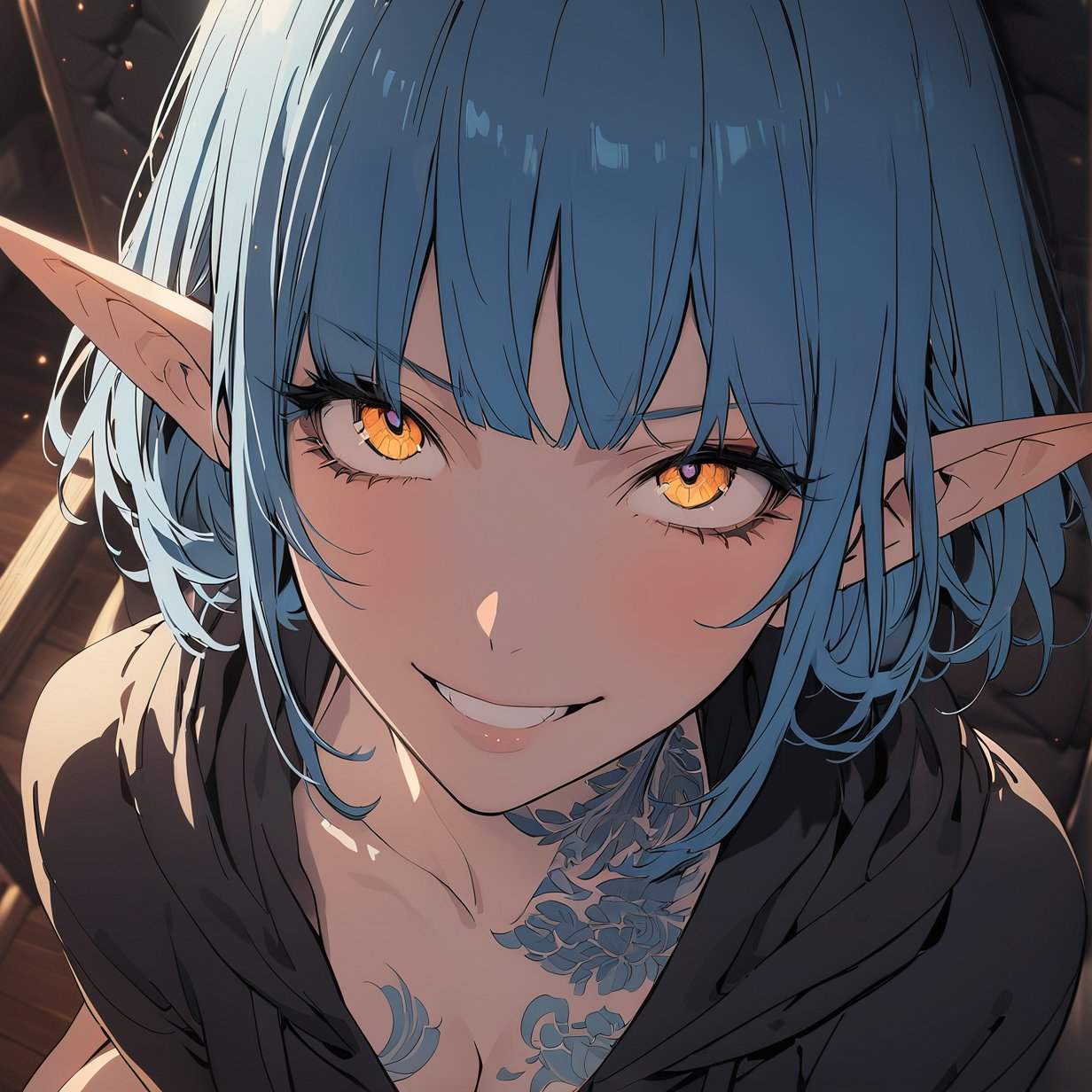 ((masterpiece, best quality, highres, absurbres, 8k)), highly aesthetic, [[anime_screencap]], extremely detailed illustration, perfect face, ((close up)), 1girl, solo, blue hair, short hair, bob hair cut, bangs, yellow eyes, intricate eyes, ((self-shot)), crazy smile, (beautiful face), gorgeous, eyelashes, black robe, hoodie down, throne, sitting on the throne, ((elf_ears)), dark background, medium breasts, cleavage, ((blue tattoo on chest)), ((from above)),niji6
