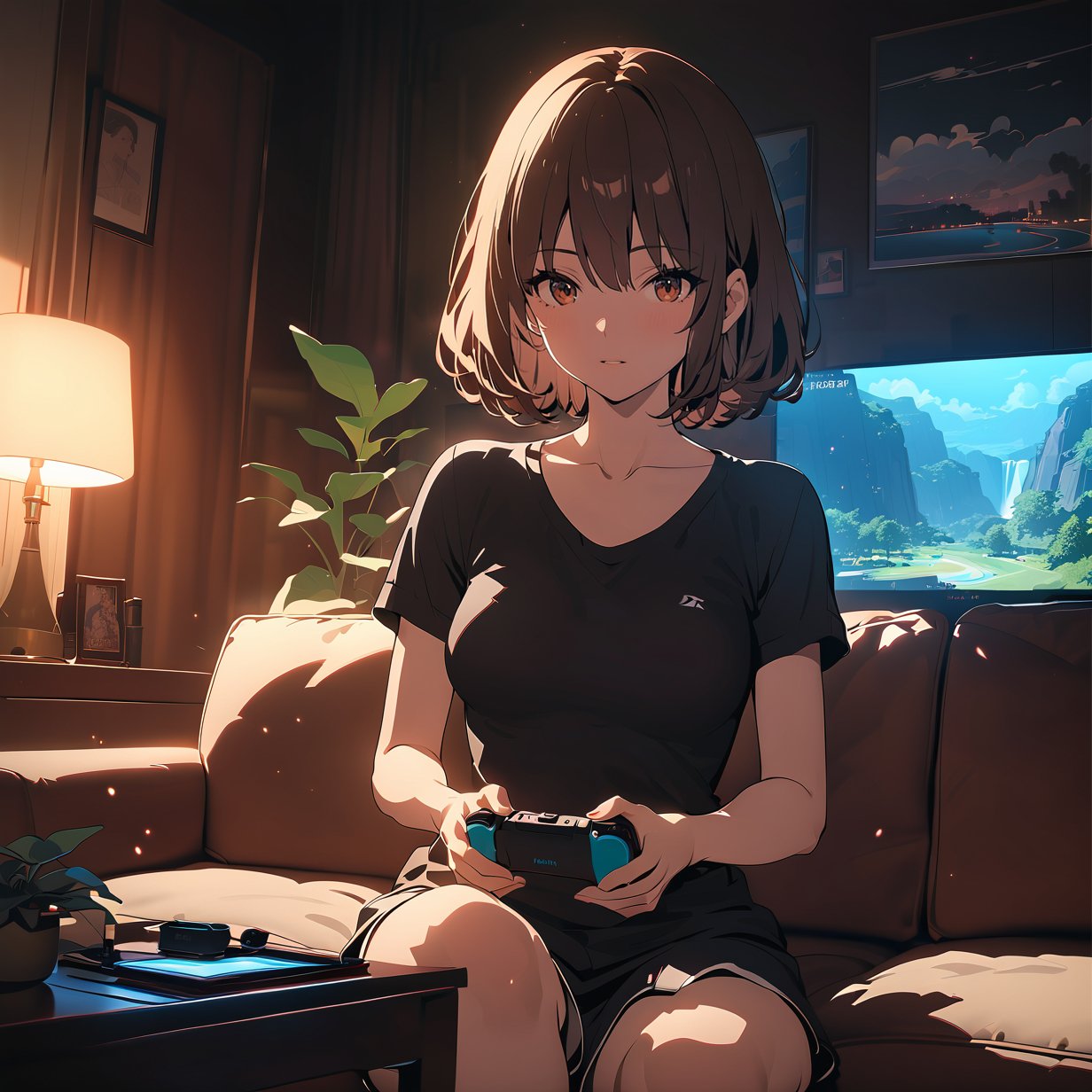 ((masterpiece, best quality, highres)), extremely detailed illustration, perfect face, looking at viewer, [[cinematic, anime_screencap]], vibrant, high aesthetic, 8k, hdr, 1girl, brown hair, bob haircut, hair between eyes, brown eyes, holding gaming console, sitting on couch, TV, dimly light, dark room, furniture, scenary, detailed background, voluptuous body, medium breasts, black shirt, niji6