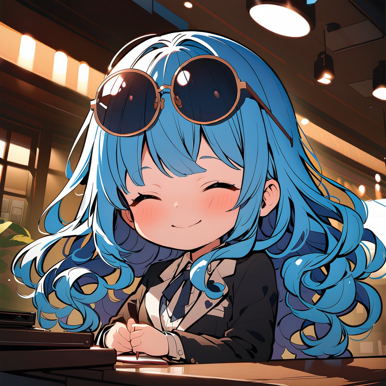 ((masterpiece, best quality, highres)), kawaii, cute, extremely detailed illustration, perfect face, ((close up)), hdr, 1girl, chibi, ((shades)), indoors, fancy suit, blue hair, long curly hair, slight smile, blush, happy, closed eyes, upper body, bokeh, niji6