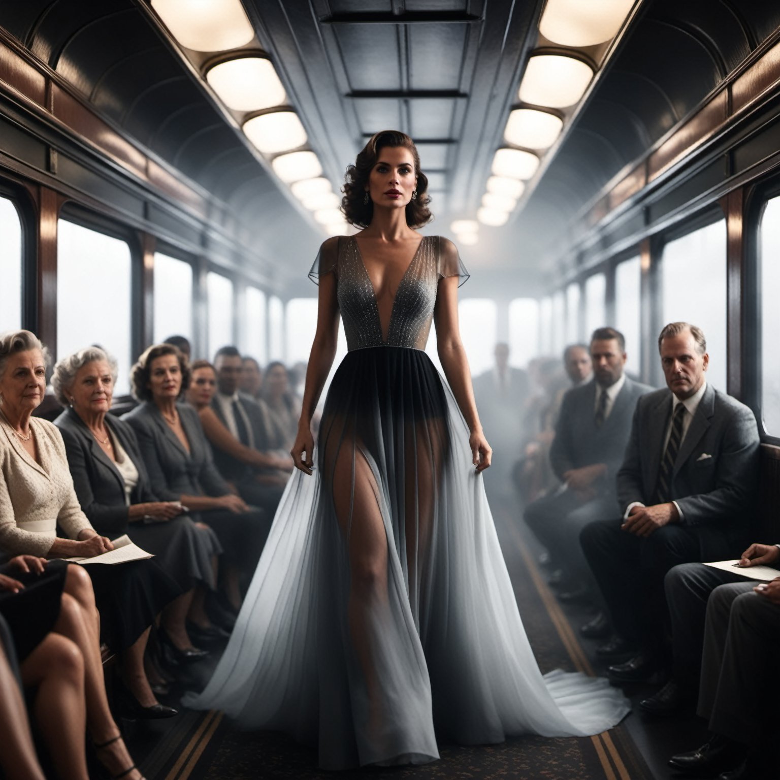 woman emerging from the darkness wearing a sheer flowing transparent dress, black and grey gradient, foggy, realistic, 8k, unreal engine, cinematic, walking down the aisle inside of a crowded 1940's passenger traincar full of people