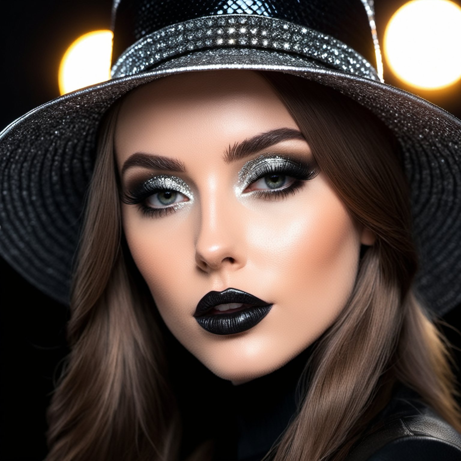 4K photograph of a Irish model wearing a hat posing for a picture, in the style of oshare kei, black, wide lens, shiny/ glossy, solarpunk, open pouty lips, dark silver, rim light, extremely detailed skin texture and pores,