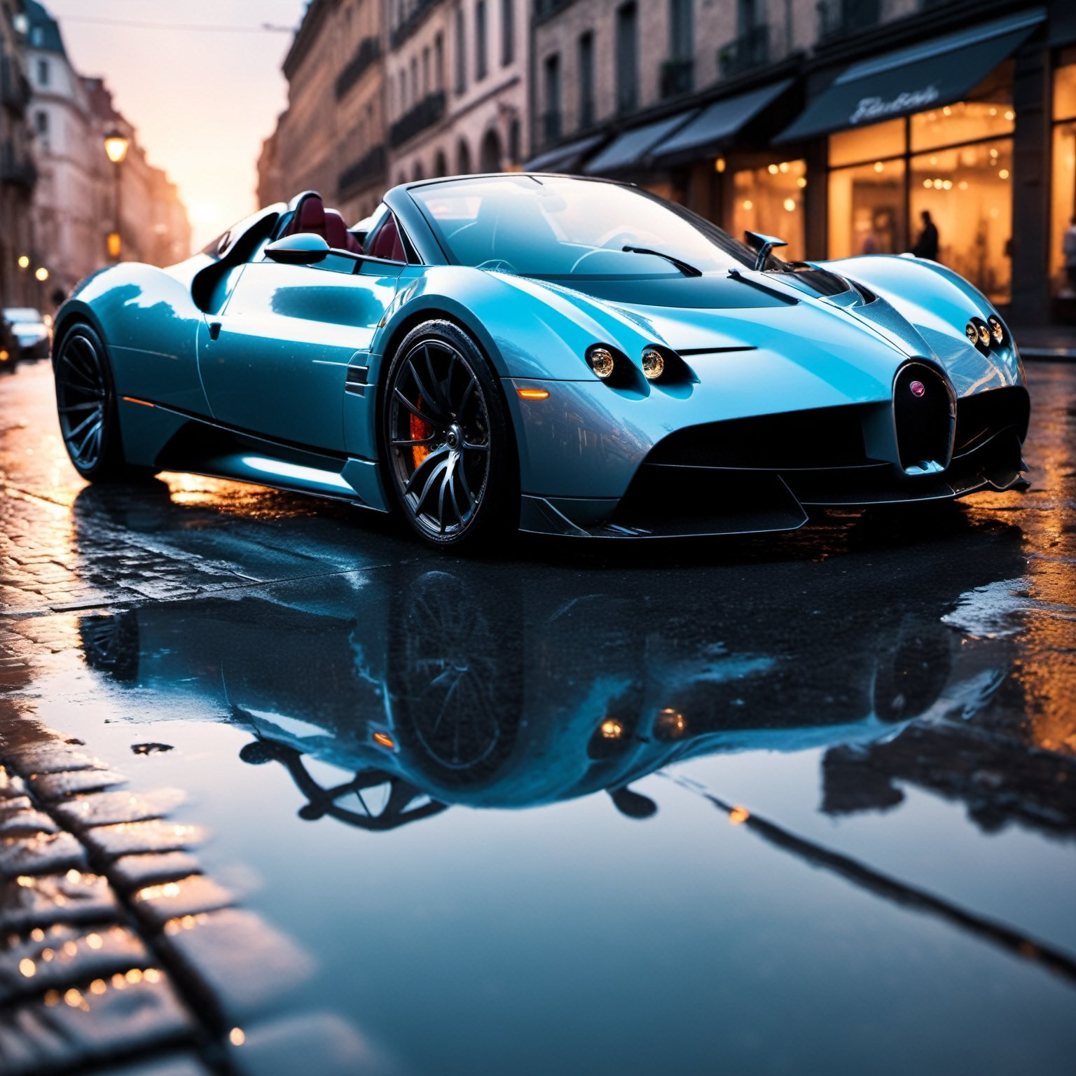 a photograph of a futuristic concept sports car convertible in wet cyberpunk city at sunset, backlit, slick, smooth, Bugati, wet cobblestone street, (cinematic lighting:1.3), Pagani, soft cinematic light, low shot from street level, adobe lightroom, photolab, hdr, immense detail, extreme detail, photorealism, professional photography, shiny, droplet splashes, depth of field