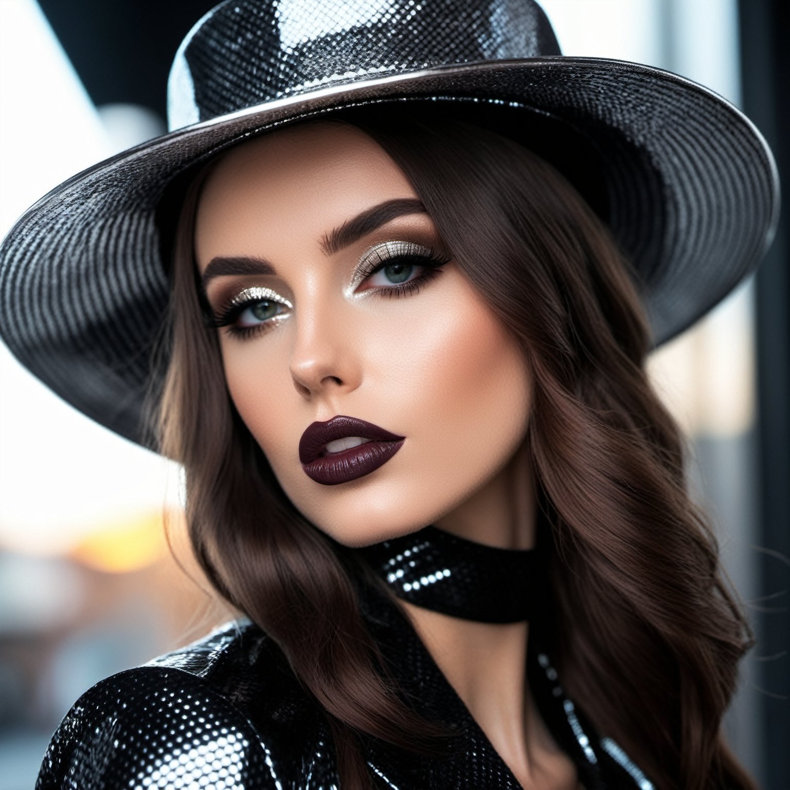 4K photograph of a Irish model wearing a hat posing for a picture, in the style of oshare kei, black, wide lens, shiny/ glossy, solarpunk, open pouty lips, dark silver, rim light, extremely detailed skin texture and pores,