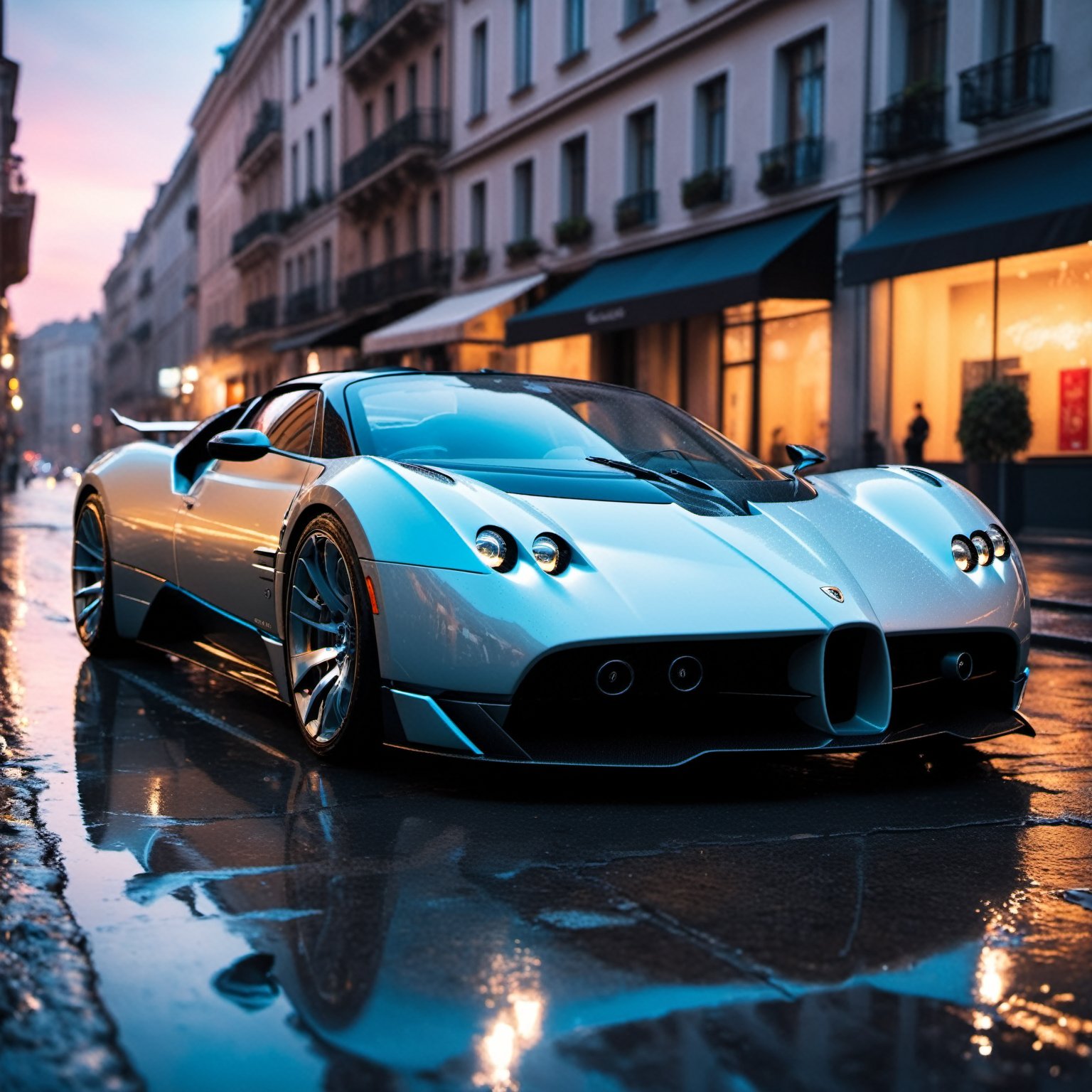 a photograph of a futuristic concept sports car convertible in wet cyberpunk city at sunset, backlit, slick, smooth, Bugati, wet cobblestone street, (cinematic lighting:1.3), Pagani, soft cinematic light, low shot from street level, adobe lightroom, photolab, hdr, immense detail, extreme detail, photorealism, professional photography, shiny, droplet splashes, depth of field