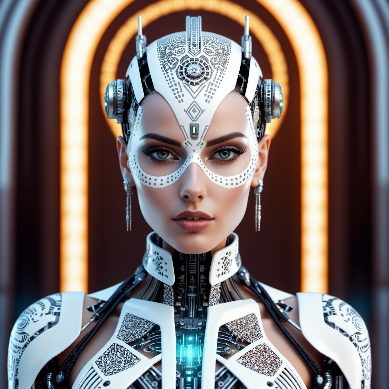 ultra detailed photograph of female android, model shot, beautiful attractive Latina woman with white skin, cyberpunk, (nipples:0.5), face is decorated with bone art deco patterns, female android, very white skin, detailed robot body, skull decoration, catrina, sharp focus, sci-fi, fantasy art, digital illustration. global illumination, intricate detailed. 8k, abstract background