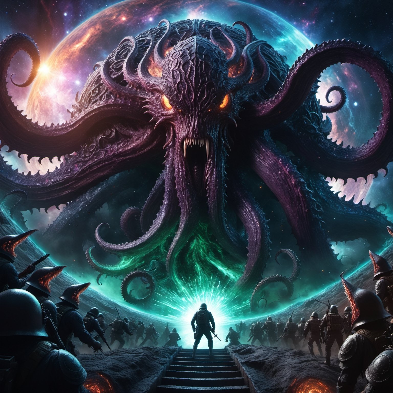 highly detailed, global illumination, HDR, 8K, high resolution, cinematic color grading, fuji cinestill, photograph of enormous (eldritch:1.2) intricate horror creature coming out of a cosmic portal to another dimension into our world, multiple rows of sharp teeth, armed soldiers trying to fight it