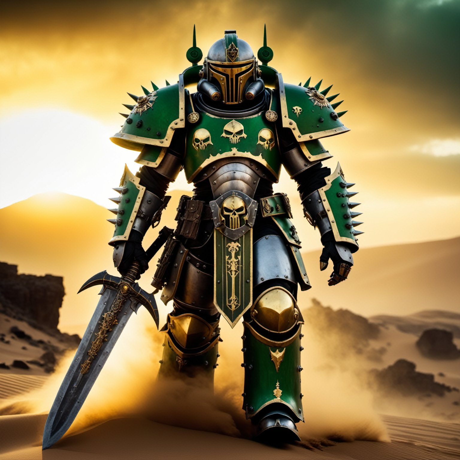 Cinematic scene of a strong human warrior, wearing massive heavy warhammer 40k chaos marine grey gold armor, (glowing green), metal spikes, shiny, chrome, extremely detailed armor, adeptus mechanicus, walking through a sandstorm, small (helmet:1.4), sword, detailed textures, fuji cinestill, cinematic lighting and color, sunset