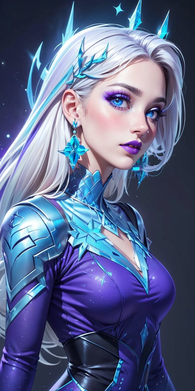 1girl, (masterpiece, best quality, ultra-detailed, 8K), ((black background)), vibrant colors, (long_hair, white_hair, snowflakes_earrings, blue_eyes, purple lips, makeup, purple eyeshadow, grunge makeup, purple lips, ))large breasts, ((long_sheath_dress, blue_dress, long_sleeves,,)), ((blank background)) , happy_face, smile, jewels, ((upper_body, head and shoulder portrait, face_forward,)), hair_ornament, jewelry, looking_at_viewer,High detailed,AuroraIce