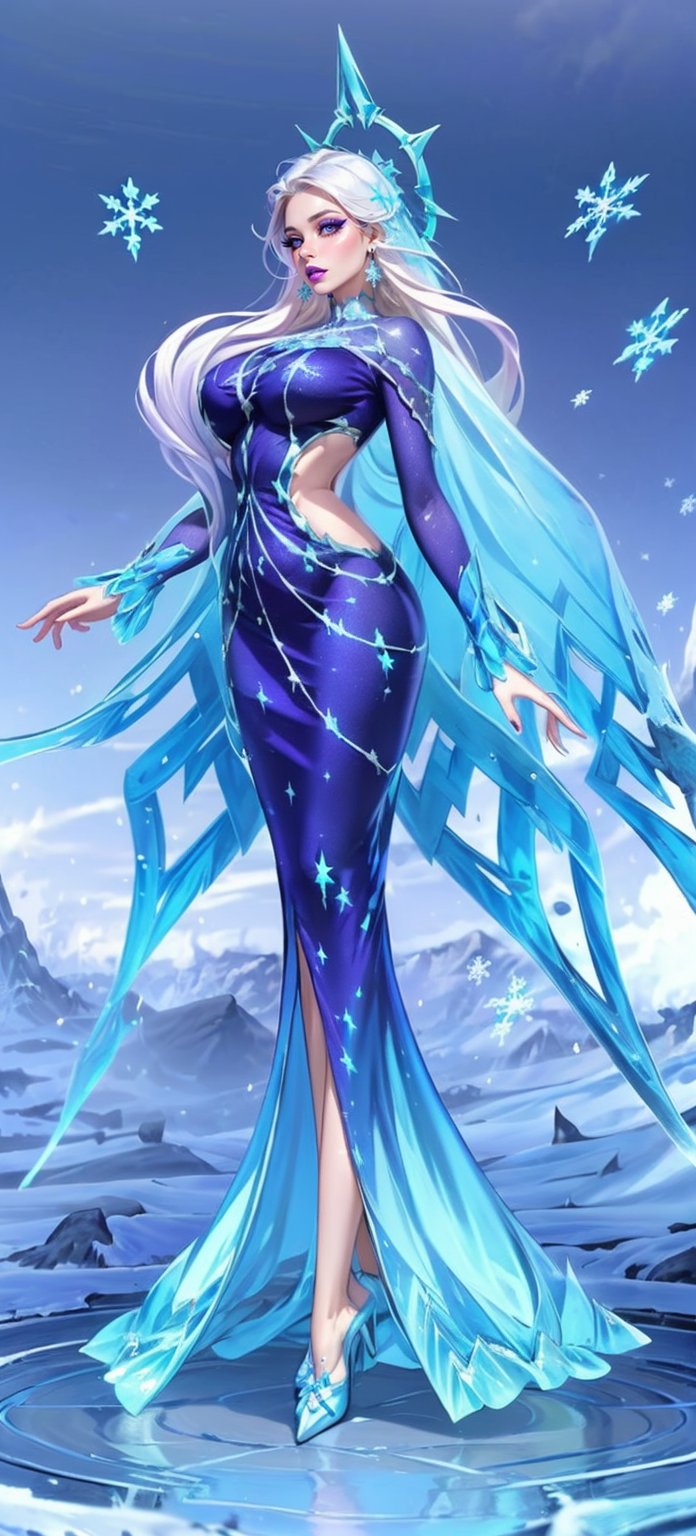 1girl, High detailed, (masterpiece, best quality, ultra-detailed, 8K), ((snow background)), vibrant colors, (long_hair, white_hair, snowflakes_hair, snowflakes_earrings,)), ((blue_eyes, purple lips, makeup, purple eyeshadow)), (big_breasts, round_breast, big_boobs), ((dress, long_sheath_dress, blue_dress, backless_dress, long_sleeves, ), ((ice background)), (((standing, full_body, front_view, facing forward,)) ,ice theme,jewelry, ice, crystal, magic, snowflakes, ((,a large snowflake behind the head)),High detailed,(( looking_at_viewer,)) ,High detailed ,Color magic, (high_heels, ice_shoes,)