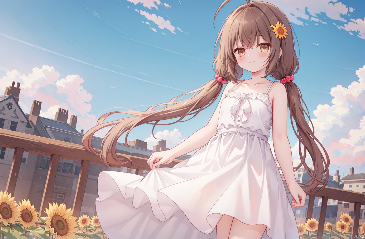  (masterpiece),(best quality),kanade,1girl,solo,sundress,see-through dress,see-through silhouette,Blue sky and white clouds,wind,floating hair,looking at viewer,ahoge,messy hair,brown hair,brown eyes,closed mouth,long hair,breasts,blush,smile,bangs,hair ornament,dress,holding,bare shoulders,standing,collarbone,flower,small breasts,outdoors,sky,sleeveless,day,cloud,white dress,blue sky,sleeveless dress,low twintails,sunflower,holding flower,sundress,Depth of field,(((masterpiece))),((extremely detailed CG unity 8k wallpaper)),best quality,high resolution illustration,Amazing,intricate detail,(masterpiece),(best quality),kanade,Vanilla_\(nekopara\),