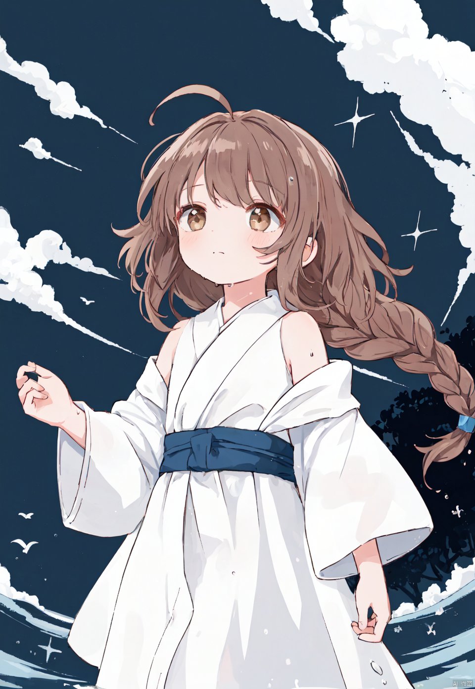  girl,ahoge,messy hair,long hair,brown hair,brown eyes,(masterpiece),(best quality),lens flare,hdr,Tyndall effect,damp,wet,bare shoulders,closed mouth,constel lation,flat color,braid,blinking,white robe,float,closed mouth,constel lation,flat color,looking up,standing,standing,solo,