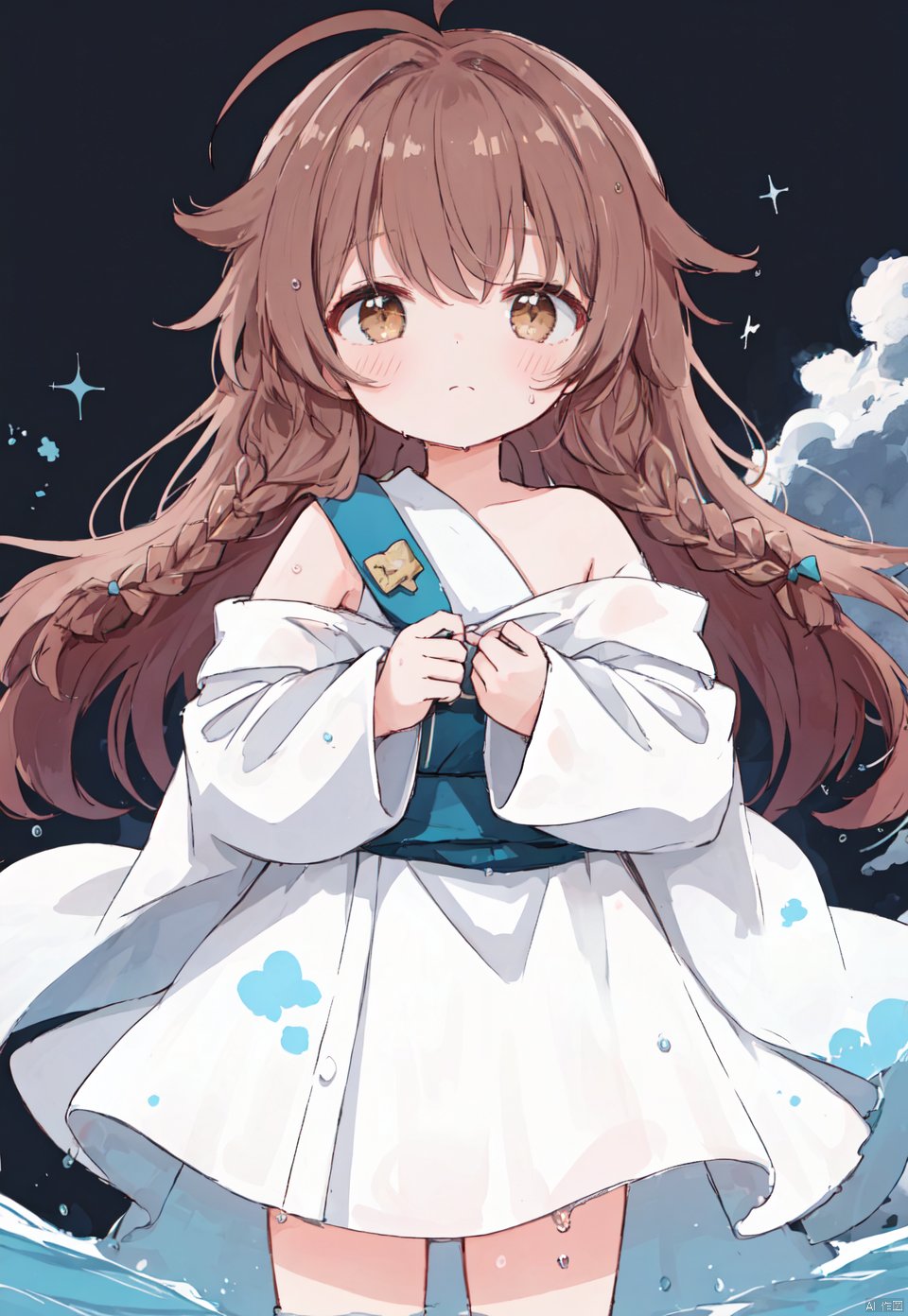  girl,ahoge,messy hair,long hair,brown hair,brown eyes,(masterpiece),(best quality),loli,lens flare,hdr,Tyndall effect,damp,wet,bare shoulders,closed mouth,constel lation,flat color,braid,blinking,white robe,float,closed mouth,constel lation,flat color,looking up,standing,standing,solo,