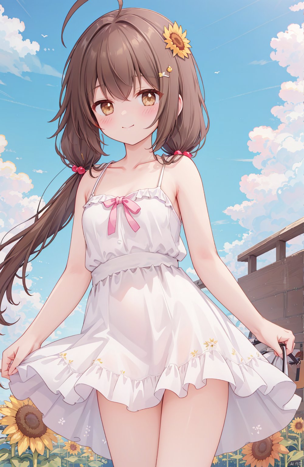  (masterpiece),(best quality),kanade,1girl,solo,sundress,see-through dress,see-through silhouette,Blue sky and white clouds,wind,floating hair,looking at viewer,ahoge,messy hair,brown hair,brown eyes,closed mouth,long hair,breasts,blush,smile,bangs,hair ornament,dress,holding,bare shoulders,standing,collarbone,flower,small breasts,outdoors,sky,sleeveless,day,cloud,white dress,blue sky,sleeveless dress,low twintails,sunflower,holding flower,sundress,Depth of field,(((masterpiece))),((extremely detailed CG unity 8k wallpaper)),best quality,high resolution illustration,Amazing,intricate detail,(masterpiece),(best quality),kanade,Vanilla_\(nekopara\),