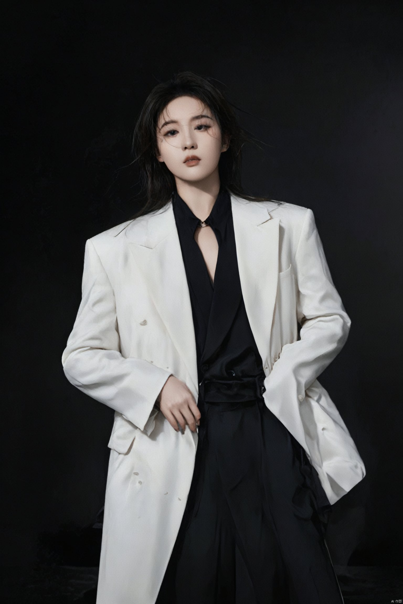  (((magazine cover: 1.4641))), magazine cover, poster, 1girl, full_body_shot, photography_studio, dramatic_photoshoot, high_contrast_lighting, dark_background, androgynous_style, tailored_suit, crisp_white_shirt, black_tie, fitted_jacket, wide_leg_pants, sleek_ankle_boots, slicked_back_hair, bold_eyebrow_arch, smoky_eyes_makeup, minimalist_jewelry, power_pose, hands_in_pockets, sharp_profile, standing_on_platform, strong_posture, shoulders_back, textured_fabric, clean_lines, buttoned_up_look, deep_gaze, fashion_forward, contemporary_portrait, cinematic_lighting, dynamic_shadows, modern_fashion_photography, liuyifei