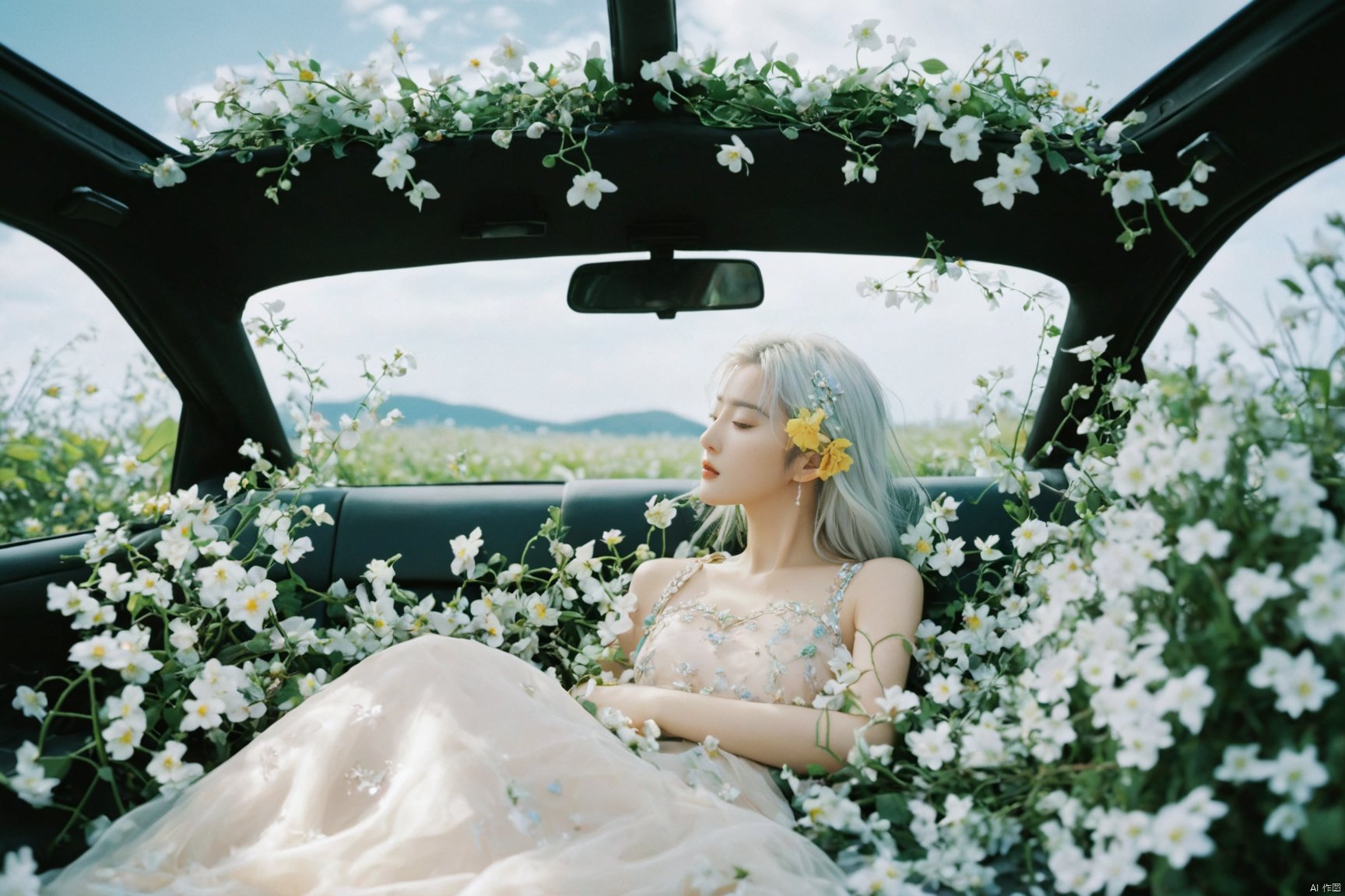  breathtaking ethereal fantasy concept art of cinematic film still,chinese girl,a girl with white hair sitting in car filled with flowers,art by Rinko Kawauchi,in the style of naturalistic poses,vacation dadcore,youth fulenergy,a cool expression,body extensions,flowersin the sky,****og film,super detail,dreamy lofi photography,colourful,covered in flowers andvines,Inside view,shot on fujifilm XT4 . shallow depth of field,vignette,highly detailed,high budget,bokeh,cinemascope,moody,epic,gorgeous,film grain,grainy . magnificent,celestial,ethereal,painterly,epic,majestic,magical,fantasy art,cover art,dreamy,monkren, . award-winning, professional, highly detailed, light master, monkren, sunlight, liu yifei